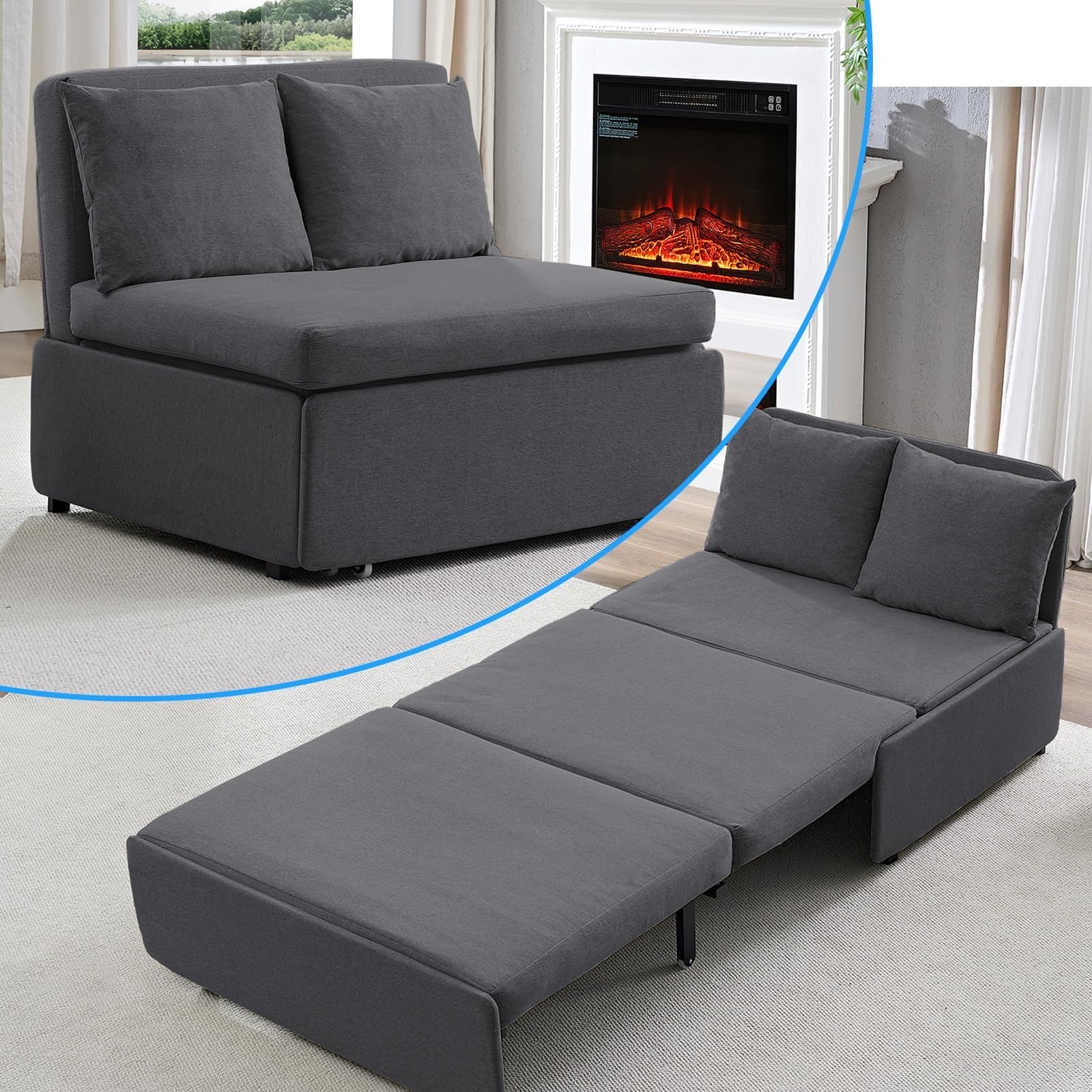 PUREMIND Twin Size Pull Out Sleeper Sofa Bed, Linen Convertible Small Sofa Beds with Foldable Mattress, Chair Bed Couch Pull Out Beds with 2 Cushions for Small Place, Apartment, Office Dark Grey