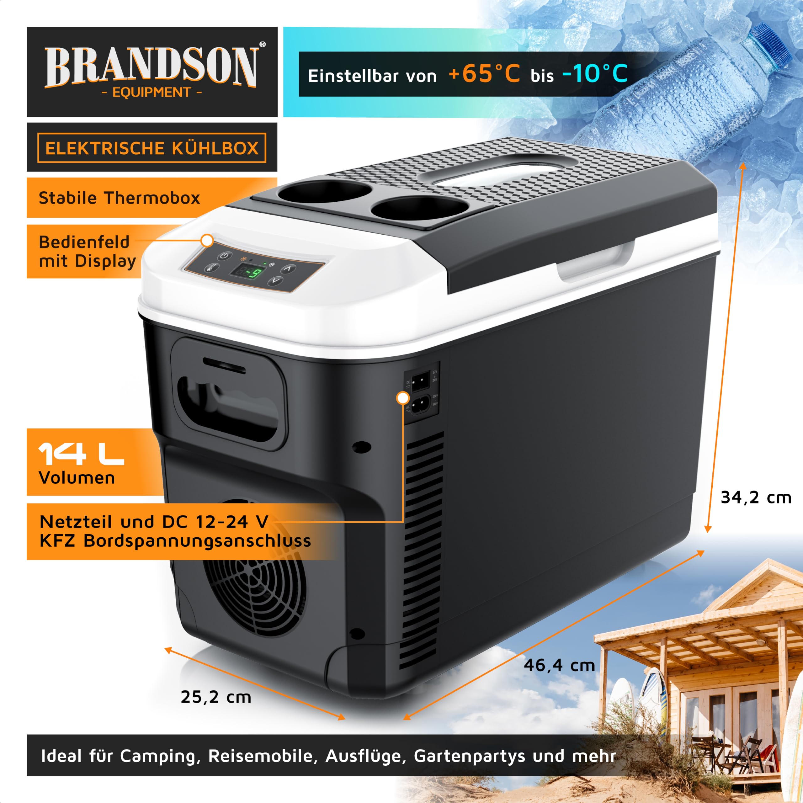 Brandson - Kühlbox elektrisch 14L – 230 V Netzspannung und 12 V KFZ Auto Bordspannung – kühlt und wärmt – Heizen max. 65°C – Herabkühlen ca 20°C unter der Umgebungstemperatur - Schwarz