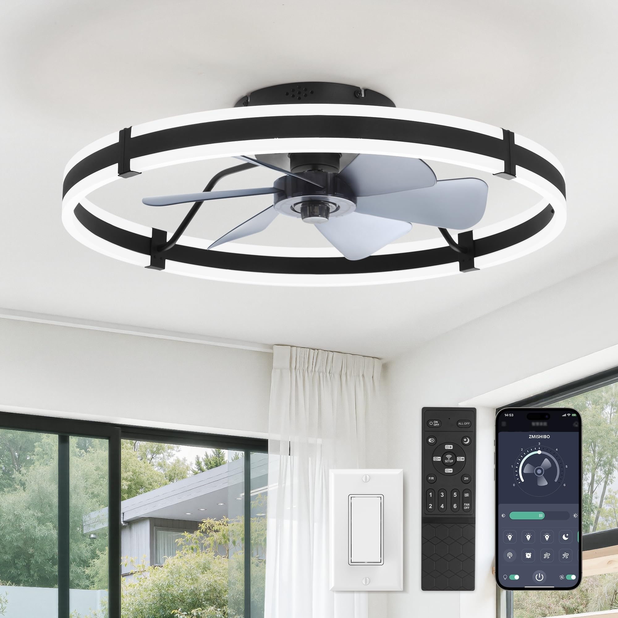 Photo 1 of ZMISHIBO 24 Inch Ceiling Fans with Lights and Remote, Modern Low Profile Ceiling Fan, 3000-6000K Dimmable Flush Mount LED Fan Light, 6 Wind Speeds, Fandelier Ceiling Fans for Bedroom- Black