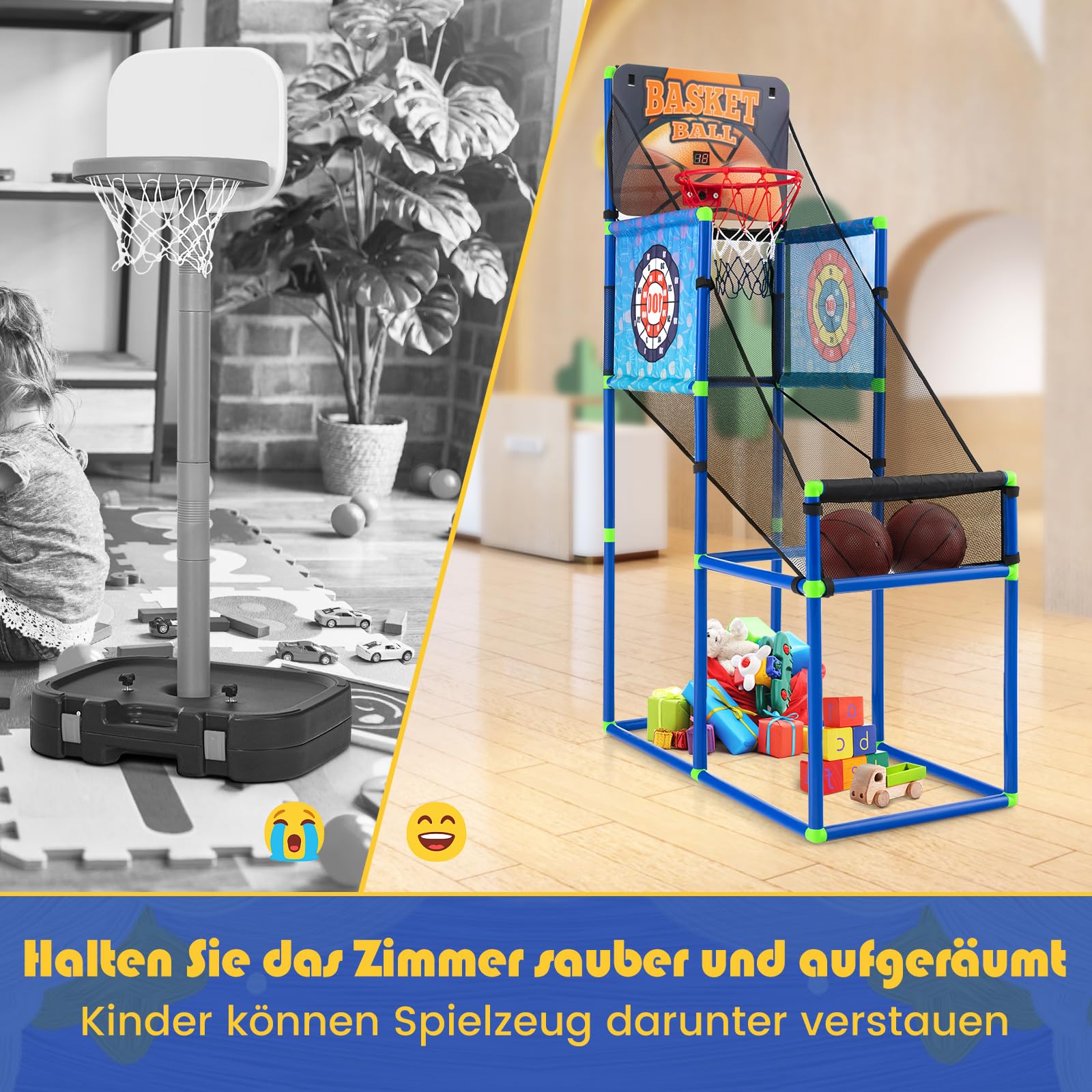 COSTWAY 8-in-1 basketbalmachine, opvouwbare elektrische basketbalstandaard, 4 ballen schuifmachine, luchtpomp en 8 spelmodi, arcade basketbalspel voor kinderen voor 2 spelers (grijs