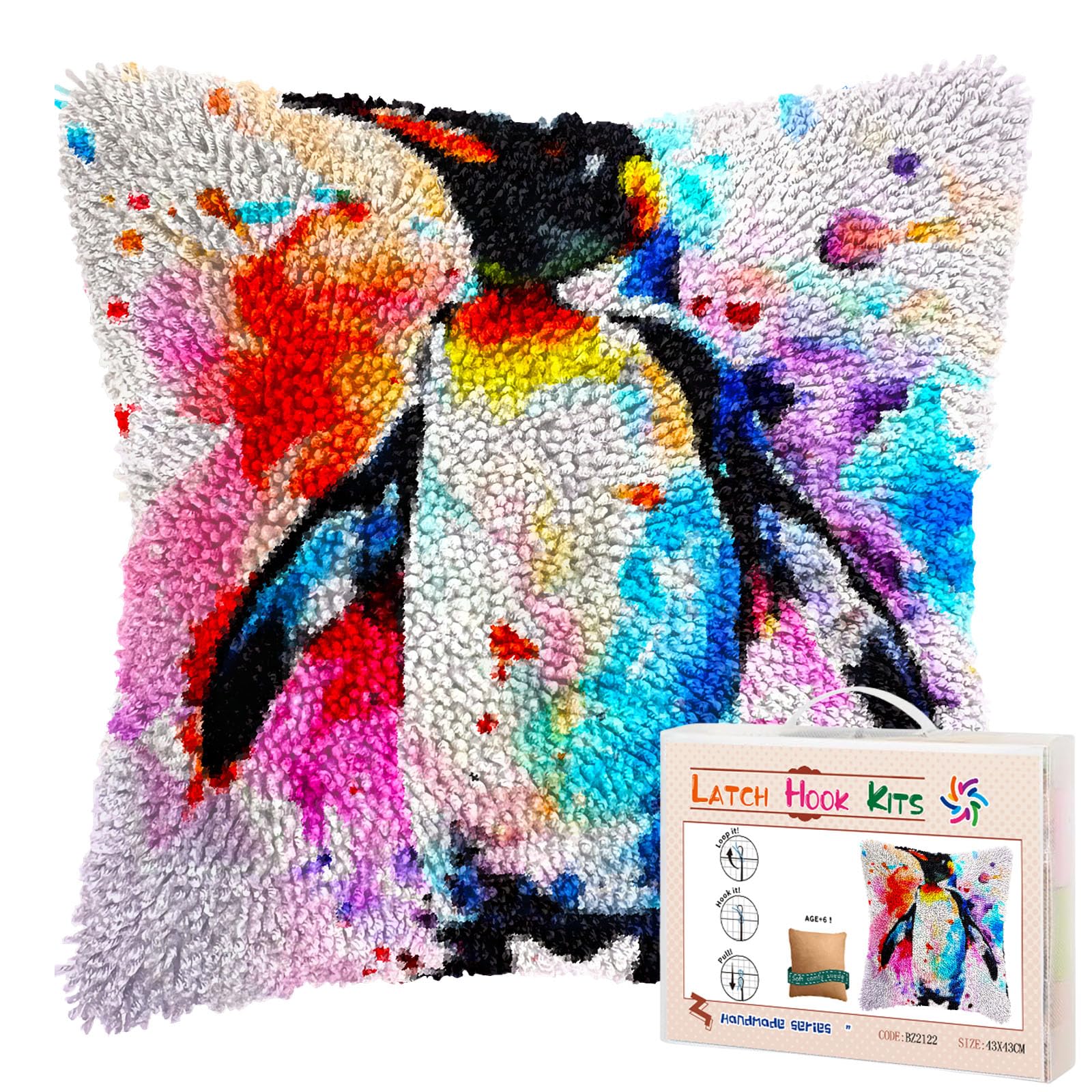 Watercolor Cartoon Penguin DIY Latch Hook Pillow Kits for Adults Printed Pillowcase Crochet Yarns Hooking Handmade Pillow Cover Cushion for Home Sofa Decoration 17x17inch