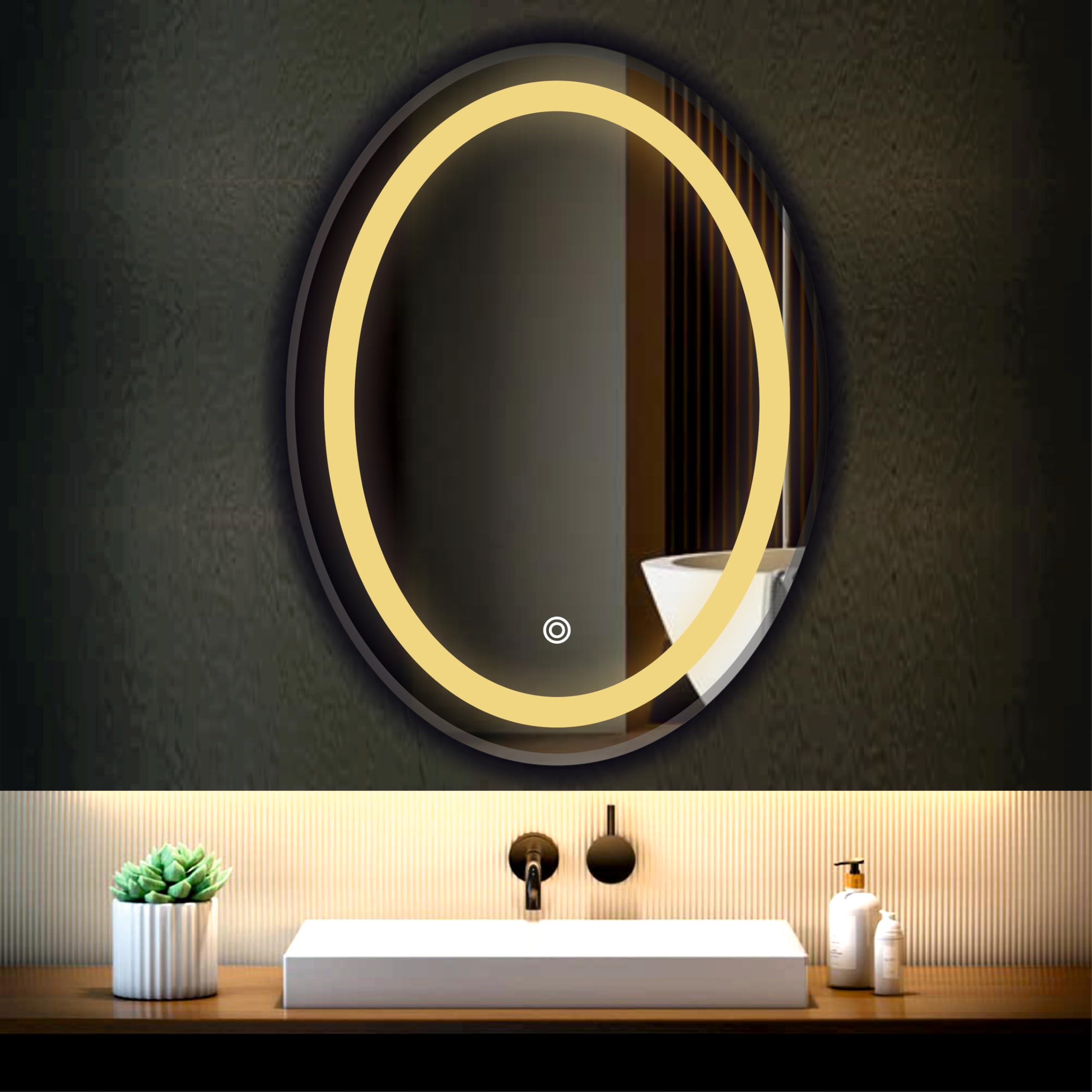 INFUSION DEKORS Glass LED Mirror for Bathroom, Washbasin and Office - 18X24 Wall Mounted Oval Mirror with 3 Color Light (Warm, White and Natural) - Brightness Adjustable-image-1