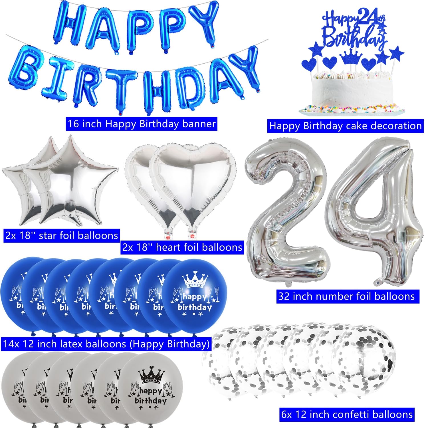 Set Decorazione Per 24° Compleanno - Palloncini Blu E Oro - Include Numero 24, Ghirlanda, Gagliardetto, Decorazioni Torta E 28 Palloncini Assortiti