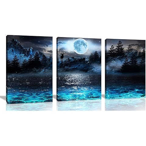 Wall Decorations For Living Room Moon Deer Ocean Landscape Picture Teen Room Decor Wall Art For Bedroom Modern Decor 3 Piece Framed Ready To Hang Moon Wall Art 3 Piece Wall Art Size 12x16 Each Panel