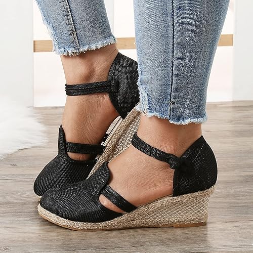 Miniatura 2 de Womenyiaor Sandalias para mujer de verano elegante, con correa al tobillo, punta cerrada, alpargata, sandalias de cuña con plataforma elegante,