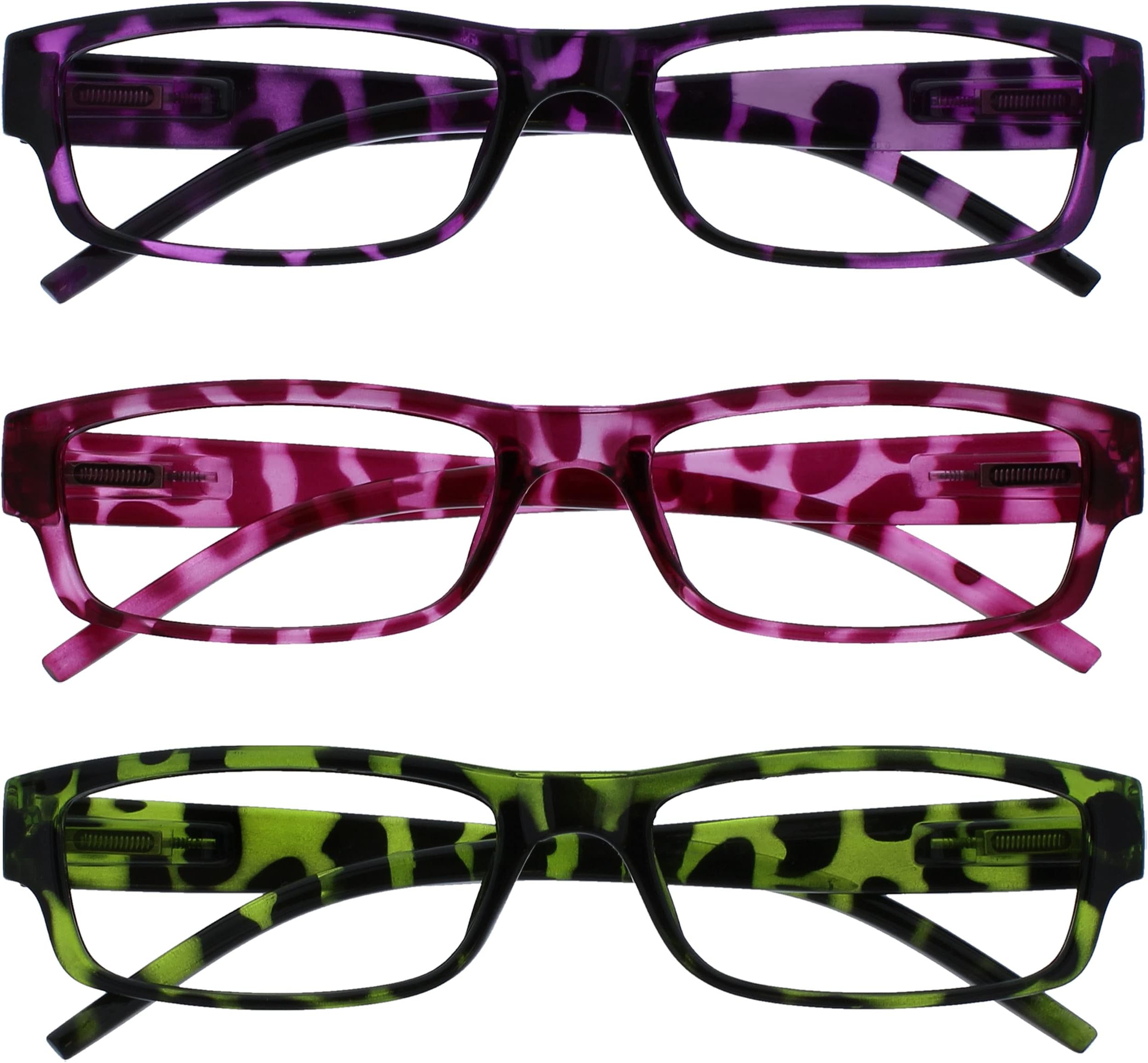 OPULIZE ACE Classic Reading Glasses for Women Men, Scratch Resistant, Narrow Frame with Spring Hinges, Purple/Pink/Green +2.00 (Pack of 3)