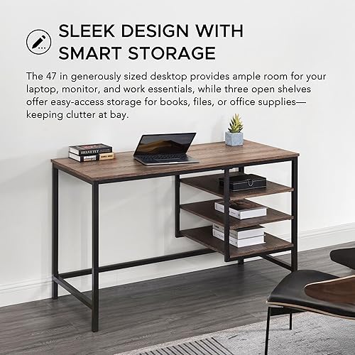 Miniatura 4 de Escritorio moderno para computadora de 47 pulgadas, estación de trabajo de diseño industrial con mesa de madera, marco de acero negro y estantes