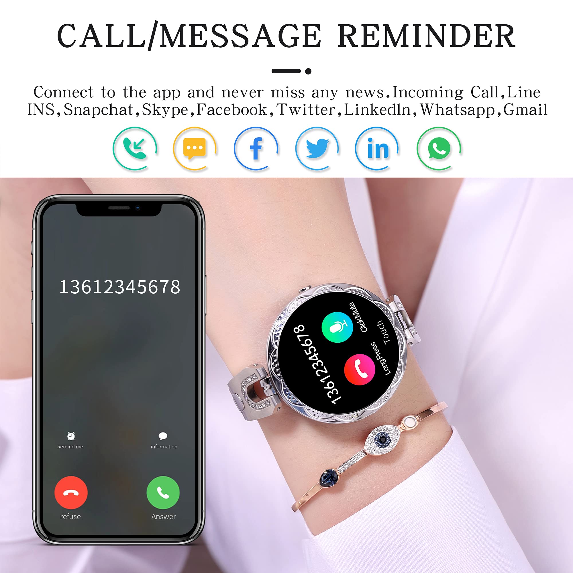 findtime damski wodoodporny stalowy zegarek z monitorem tętna i fitness dla systemów Android i iOS IP68 wodoodporny, srebrny, Nowoczesny