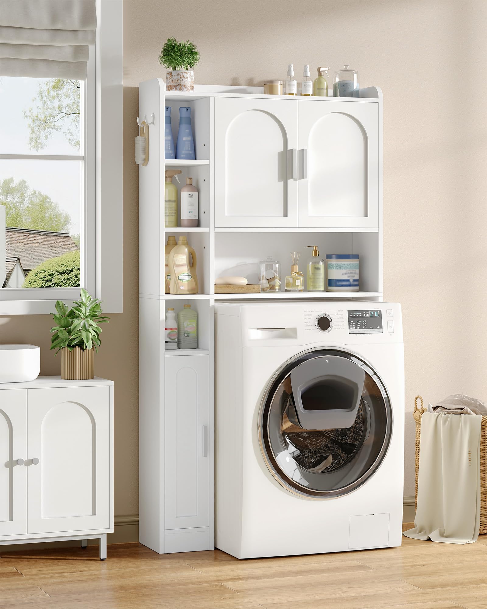 Hzuaneri Mobile Lavatrice, Ripiani Regolabili, 24 x 82 x 170 cm, ELR82003X | Mobile Sopra Lavatrice, 2 Armadietti, 5 Scomparti Aperti, Scaffale da Bagno con 3 Ante, Bianco, Stile Moderno Minimalista