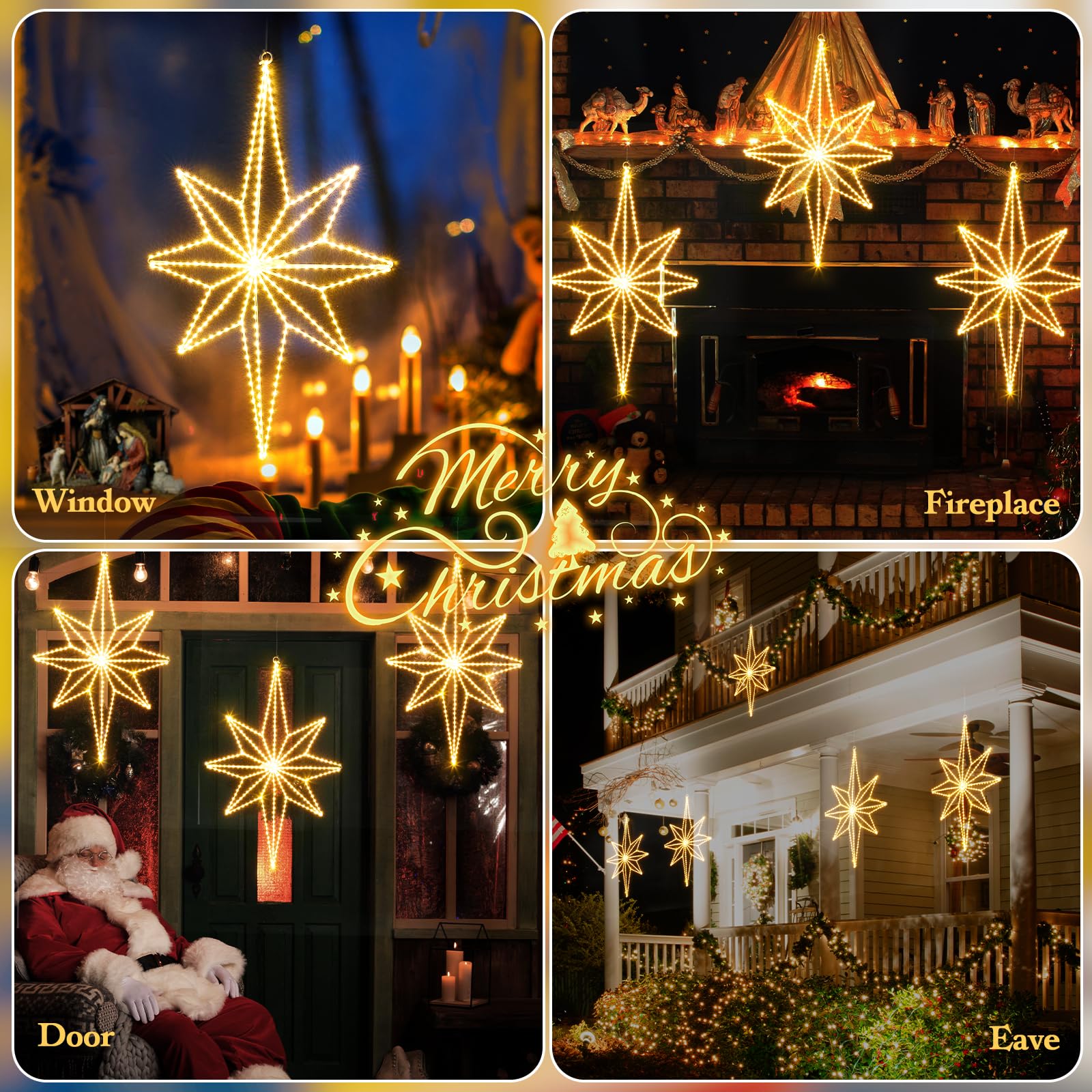 Quntis Stelle Luminose Natale Pieghevole 360 LEDs, Luci Natale Stella 62x39CM, Tenda Luminosa Grande Stella Interno per Finestra Porta Festa Catena Luminosa 3D Stelle Decorazioni Natalizie