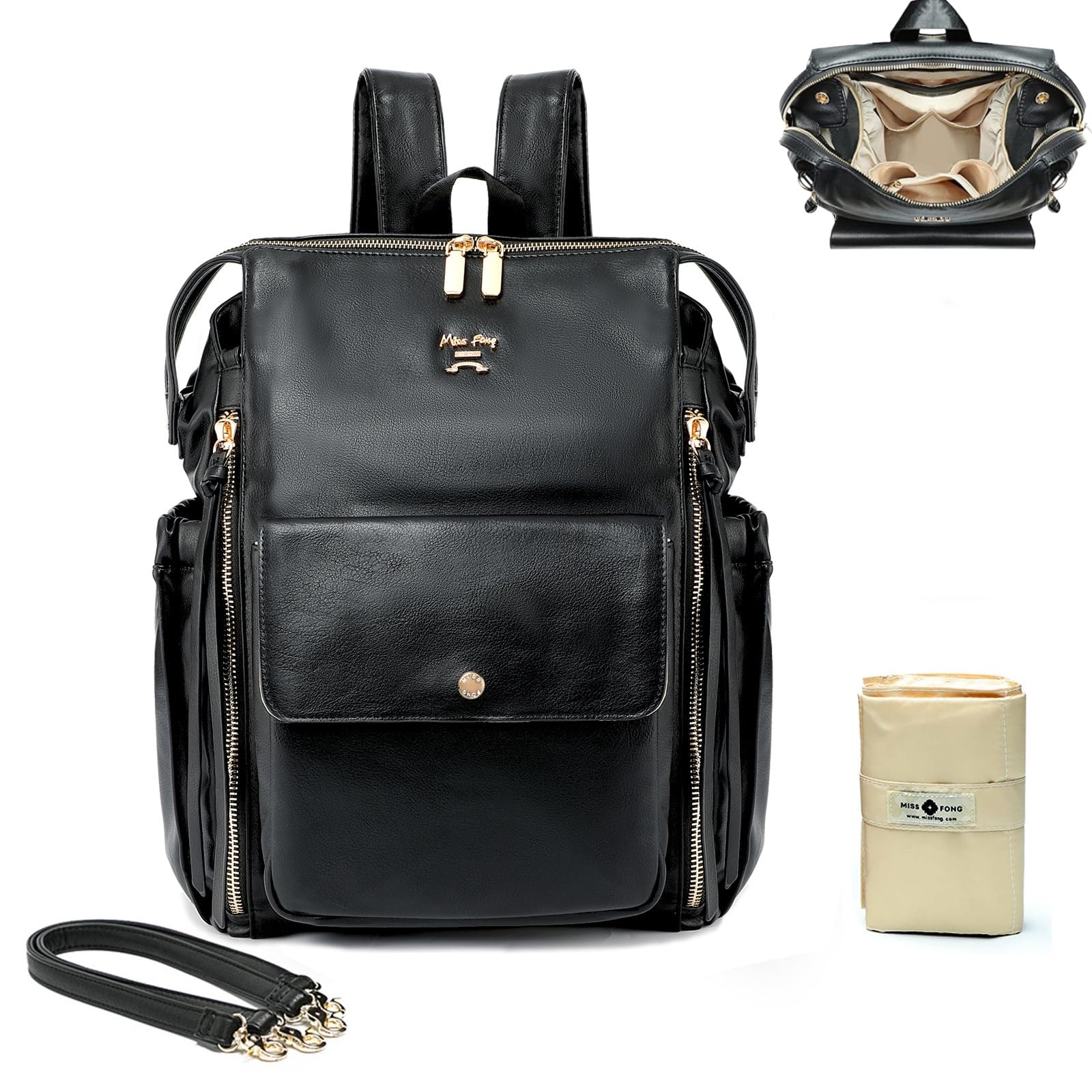 MISS FONG Baby-Wickeltasche, Rucksack, Wickelrucksack, Leder, Wickeltaschen mit Wickelunterlage, Babytaschen für Mama und Papa, mit Kinderwagengurten, isolierten Taschen