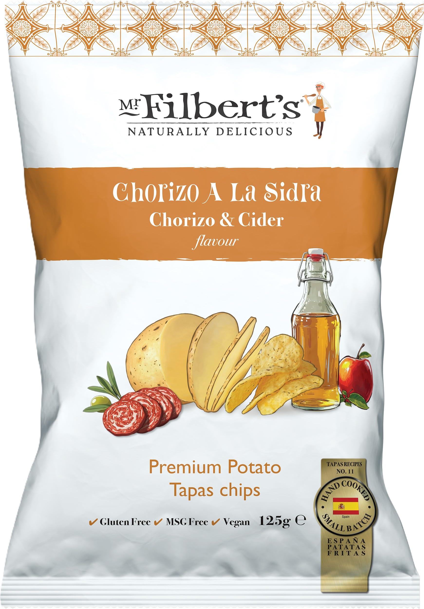 Mr Filbert’s Chorizo and Cider Crisps, Spanish Hand Cooked Potato Chips, Savoury Crisps with Smoky and Sweet Flavour, 125g