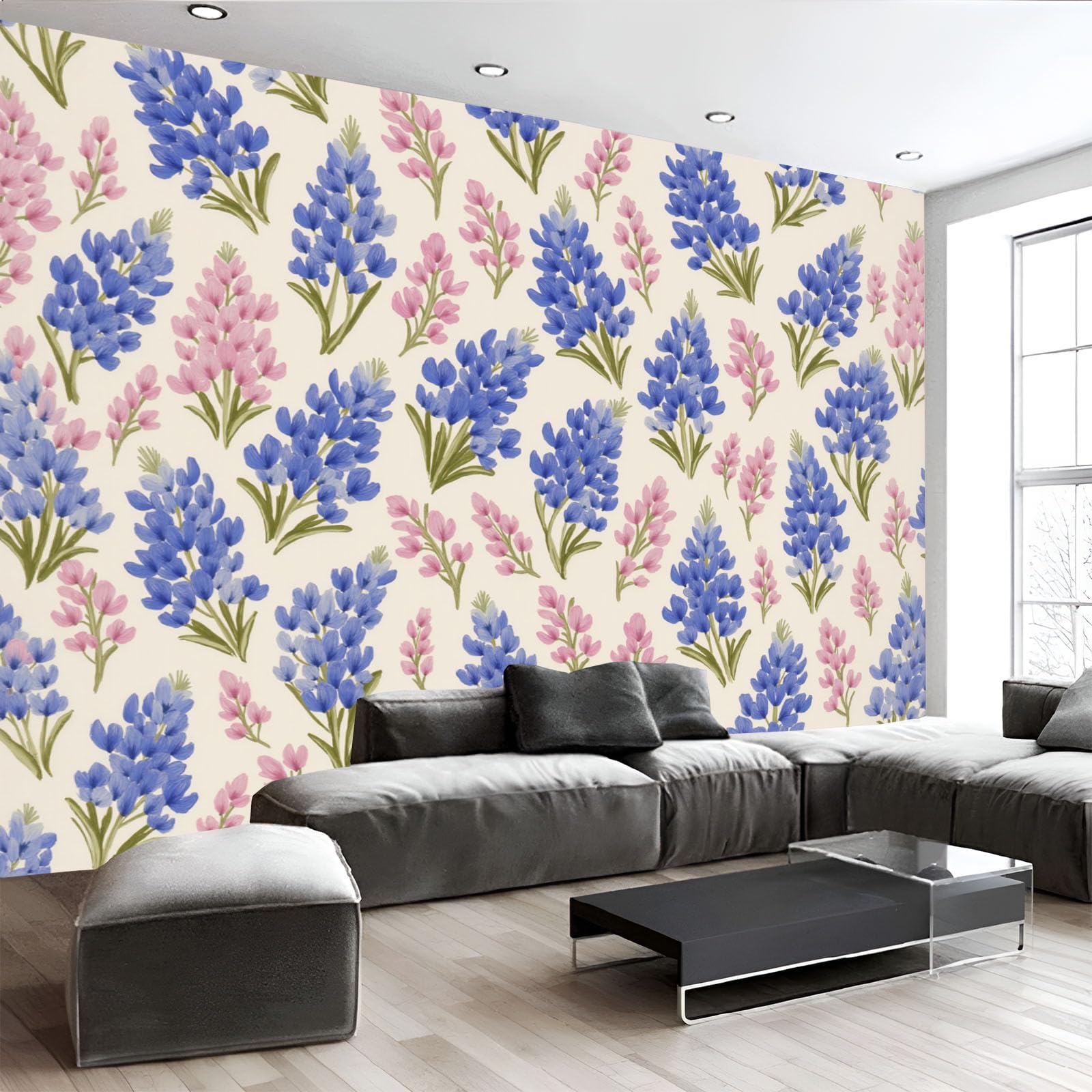 Papier peint panoramique lupins pour masquer et sublimer un grand mur