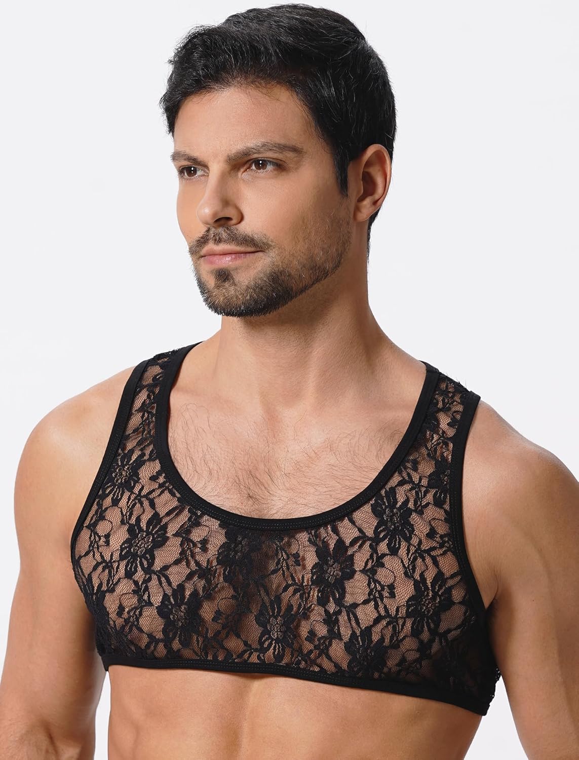 ABAFIP Men's Sissy Lace Muscle Tank Floral Crop Top Semi Transparent Sheer Mesh Vest Half Top Undershirt - Image 6