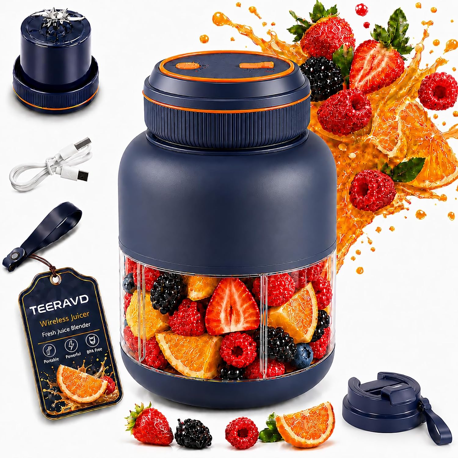 1300ml Portable Juicer 38 Blade Wireless Cup Blender Electric Fresh Bottle Mini Licuadora Portatil Personal Cupping Smoothie Single Serve Rechargeable Batidora Small with To-Go 180w It Fast