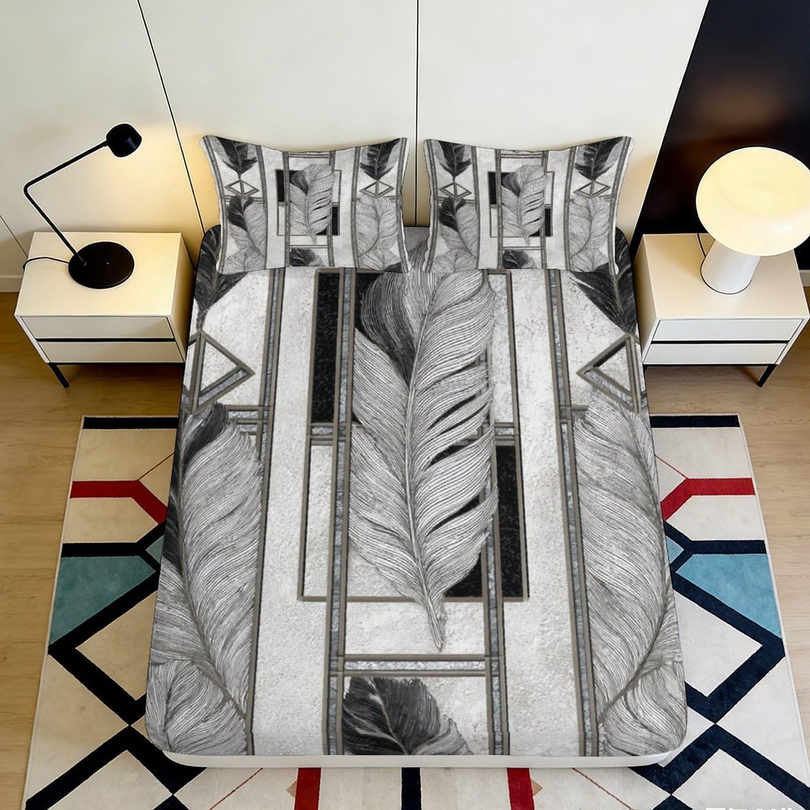 Dhbaneiok Style-5 3D Printed Geometric Leaf Fitted Sheet Microfiber Soft Grey Art Mattress Cover For Bedroom Dorm Home Decor 90X200x25cm