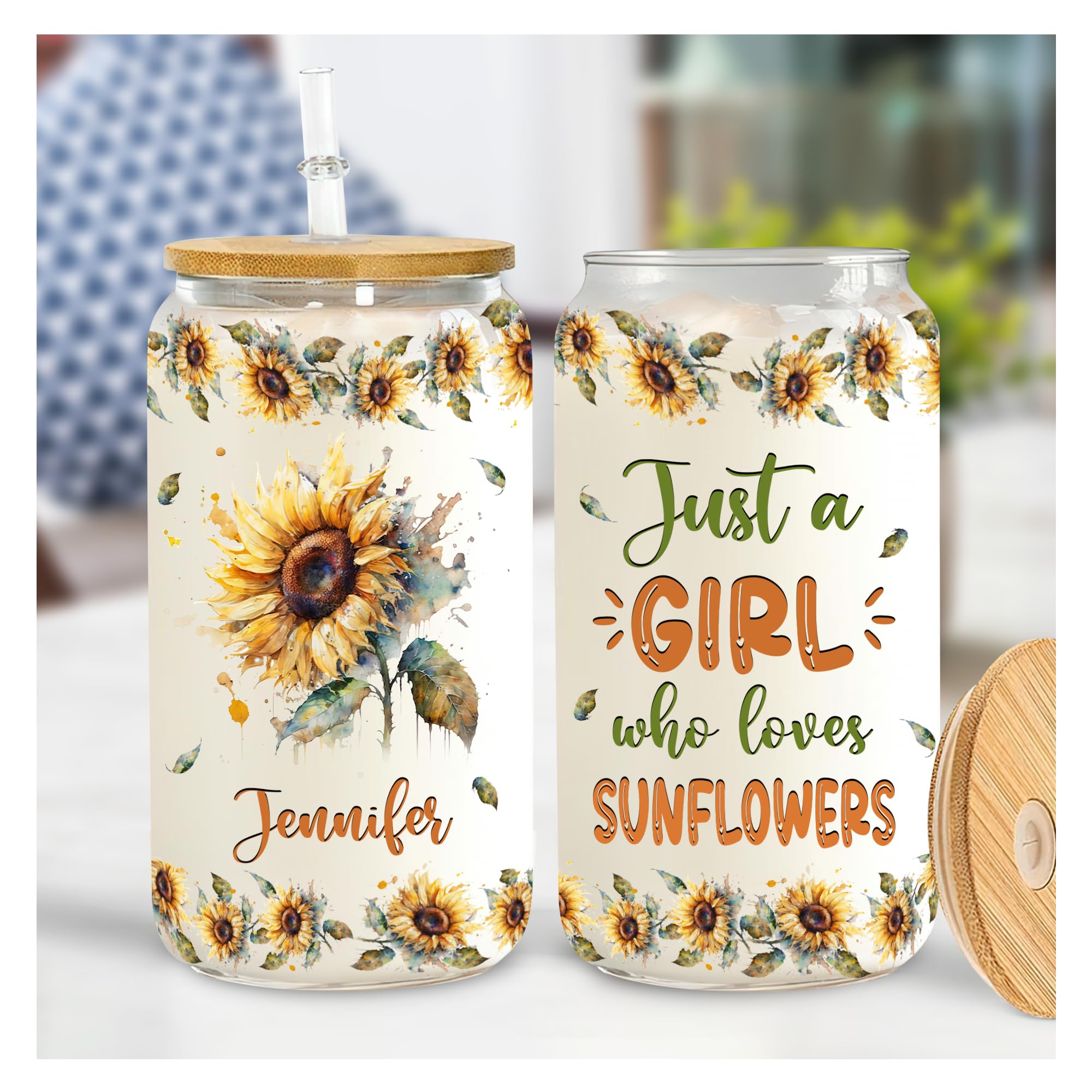 Hyturtle Personalized Glass Can Cup Gifts For Sunflower Lover - Custom Name Glass Cup 16 Oz For Her With Lids And Straws - Ideal Cute Floral Gifts For Women, Girls, Daughters On Birthday Christmas