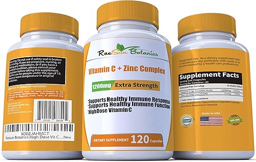Miniatura 2 de Alta dosis extra fuerte 1200 mg de vitamina C + complejo de zinc para apoyo inmunológico, salud, 120 cápsulas, suministro de 2 meses, cápsula