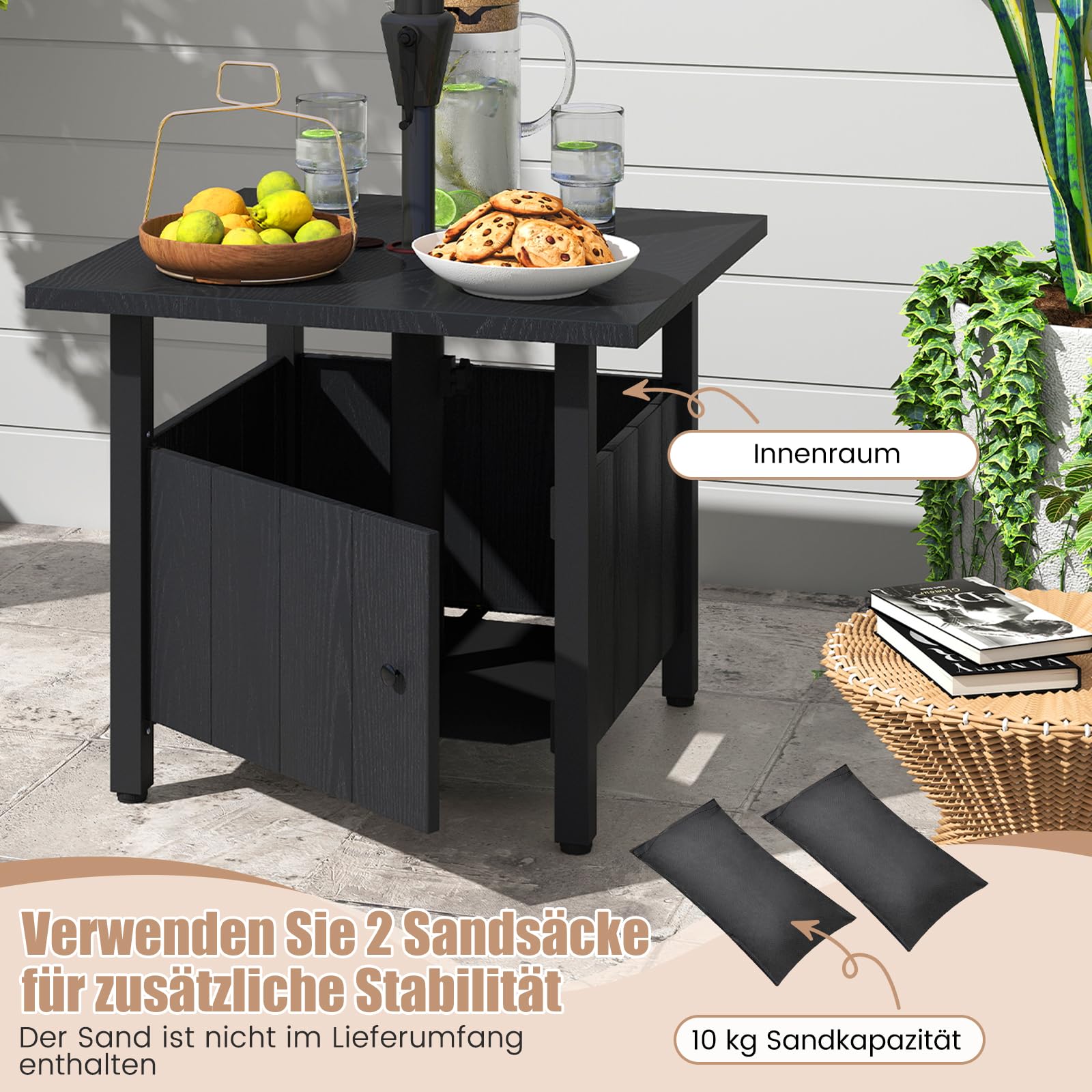 COSTWAY Stolik pomocniczy Outdoor, odporny na warunki atmosferyczne, metalowy stół ogrodowy z otworem na parasol i 2 workami na piasek, mały stolik balkonowy, stolik kawowy do ogrodu, na balkon, taras