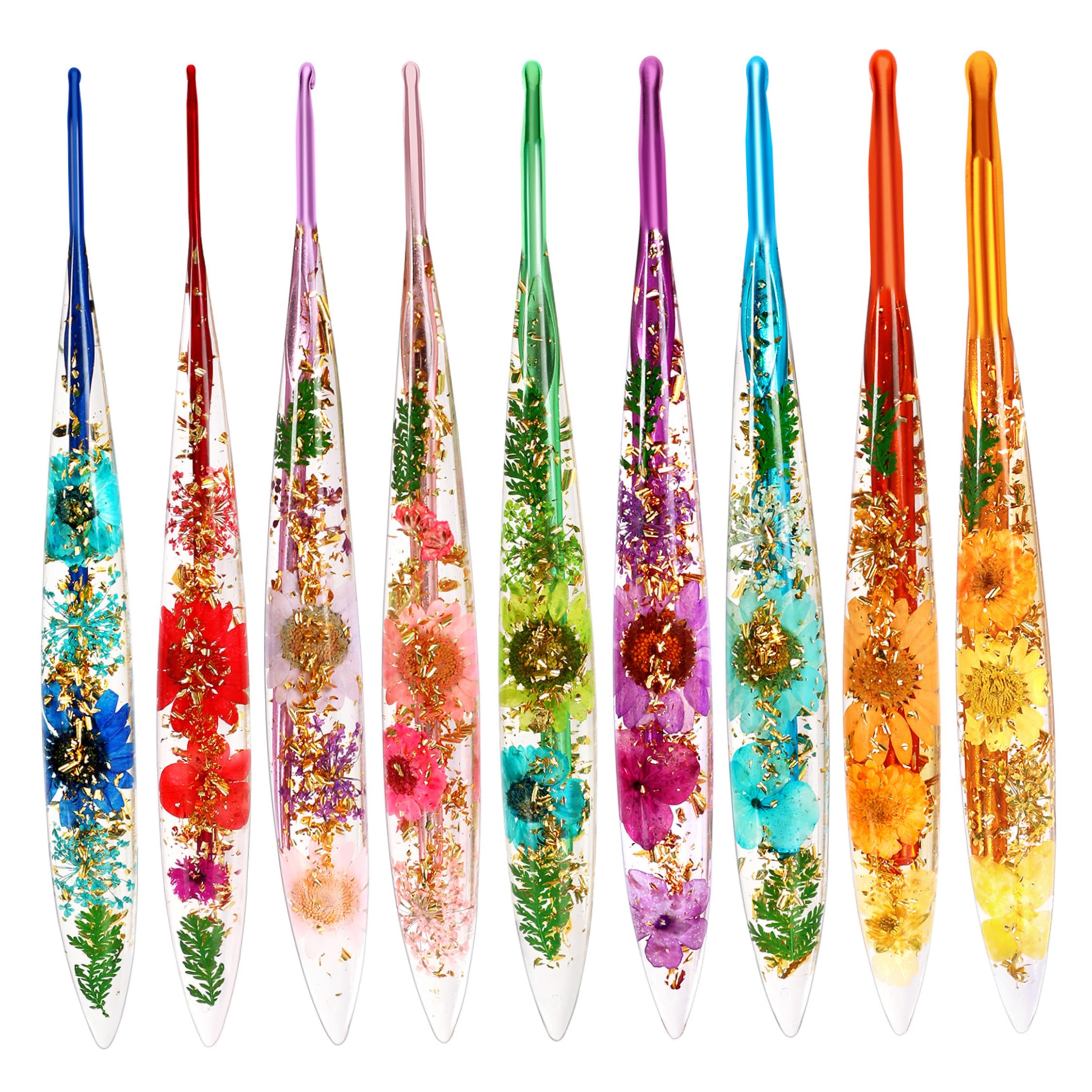 Ergonomic Crochet Hook Set 9Pcs with Floral Resin Handles, Smooth Metal Hooks for Blankets Dolls & Scarves Crochet Hook Set 2.0-6.0mm