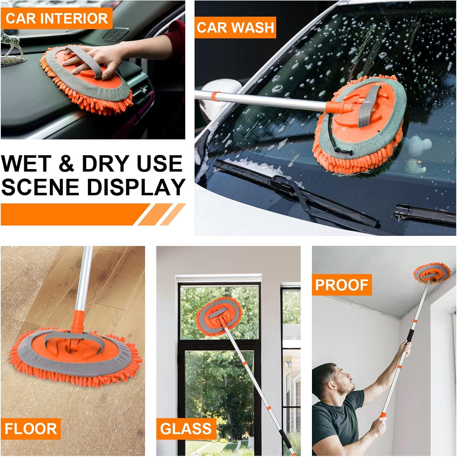 Ordenado 62" Car Wash Brush Kit Mitt Mop Sponge with Long Handle Chenille Microfiber Car Cleaning Brush Kit Supplies Car Washing Mop Kit Car Care Kit of Scratch-Free Replacement Head for Car RV Truck D-orange image 6 of 8 B0DYD7QPK6
