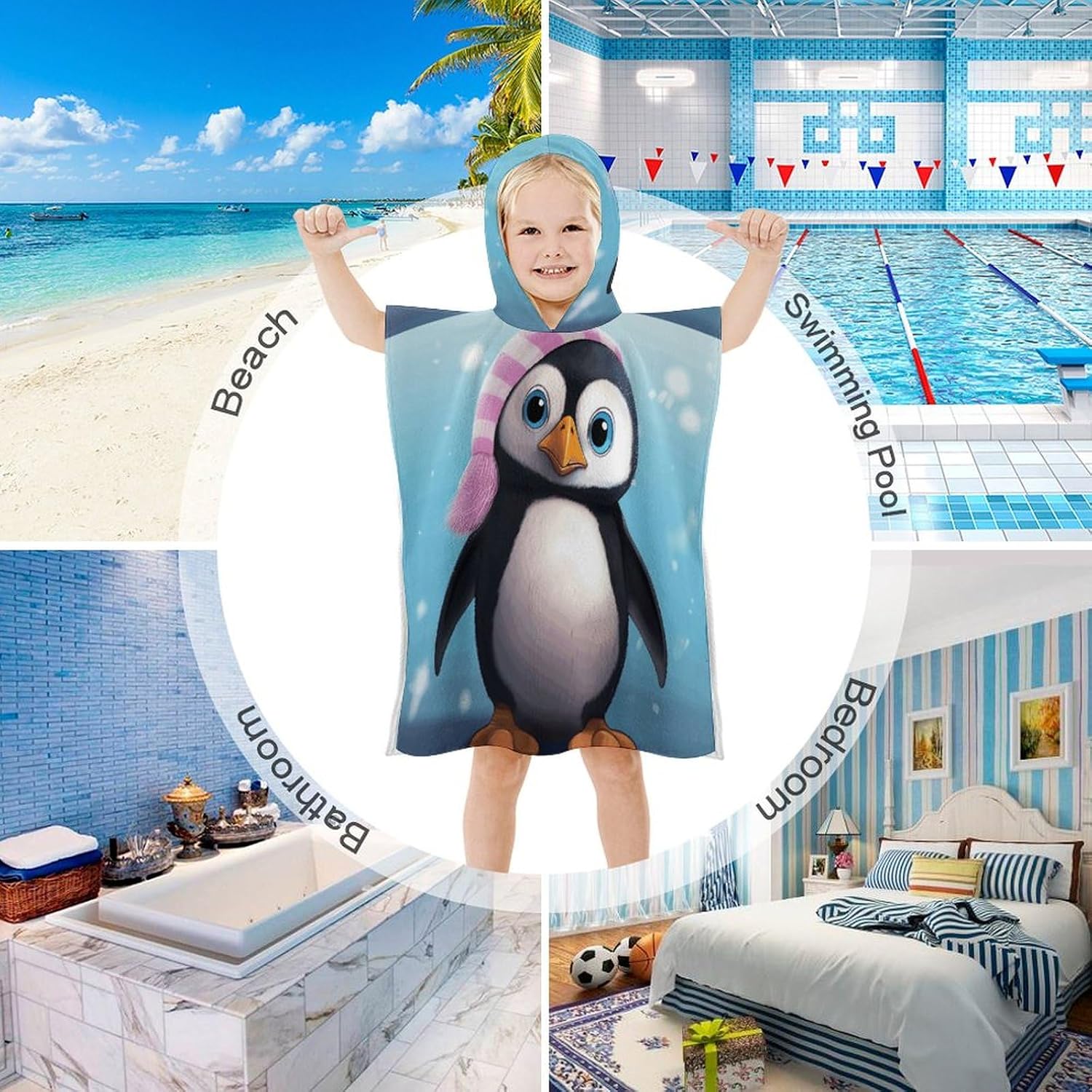 Kids Bath Towel Kids Hooded Beach Towel Kids Pool Towel Lovely Penguin Printed Kids Beach Towel for Boys Girls Soft Absorbent Quick Dry Beach Swim Pool Towel