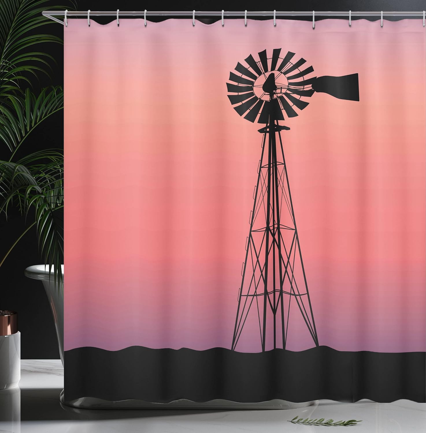 Ambesonne Windmill Shower Curtain, Windmill Silhouette at Dreamlike Sunset Western Ranch Agriculture Theme, Cloth Fabric Bathroom Decor Set with Hooks, 69" W x 70" L, Coral Lilac and Black