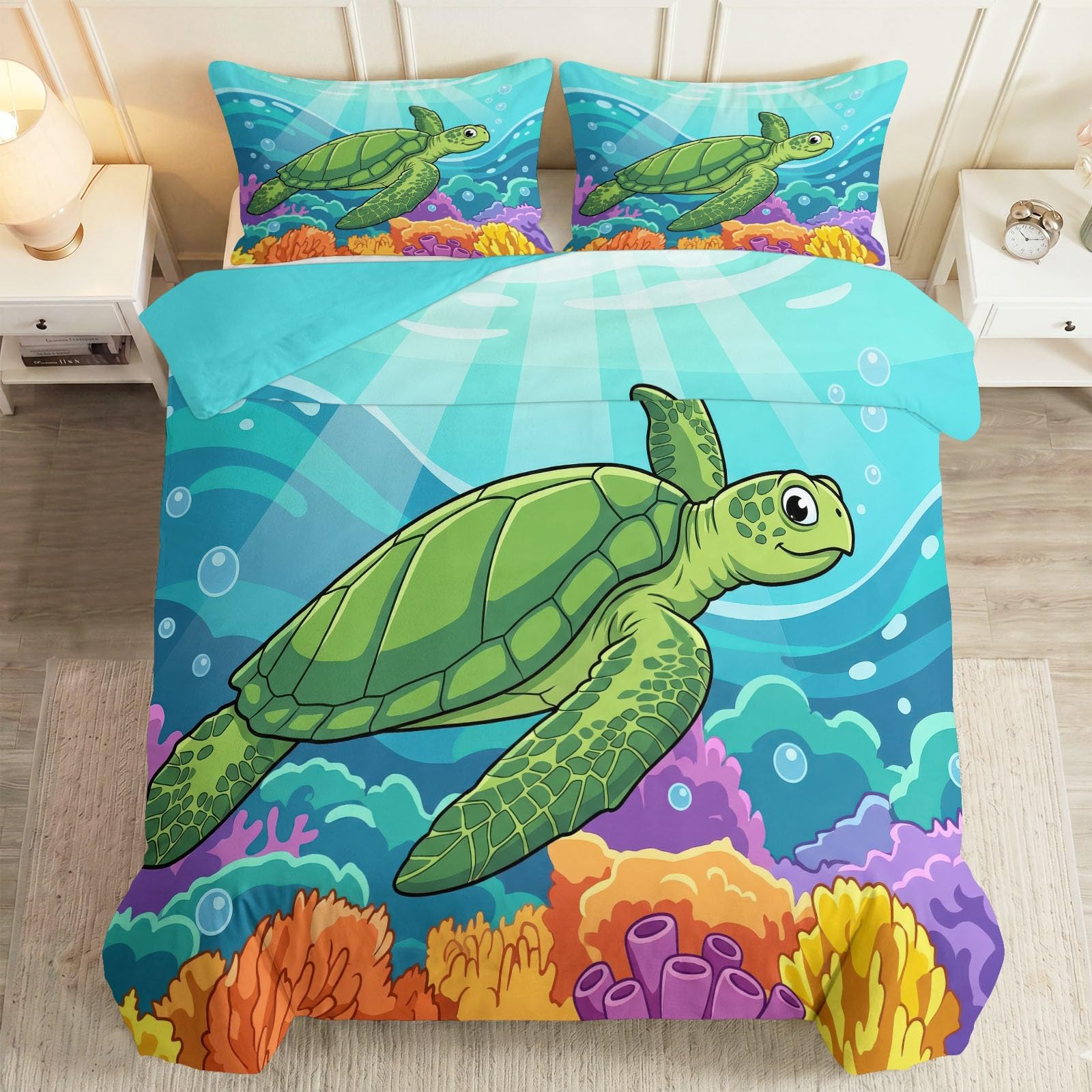 Poszwa na kołdrę 180 x 220 cm, zestaw pościeli z kreskówkowymi zwierzętami żółwia - zawiera 1 poszewkę na kołdrę i 2 poszewki na poduszki - łatwa pielęgnacja odporna na wilgoć, niebiesko-zielony