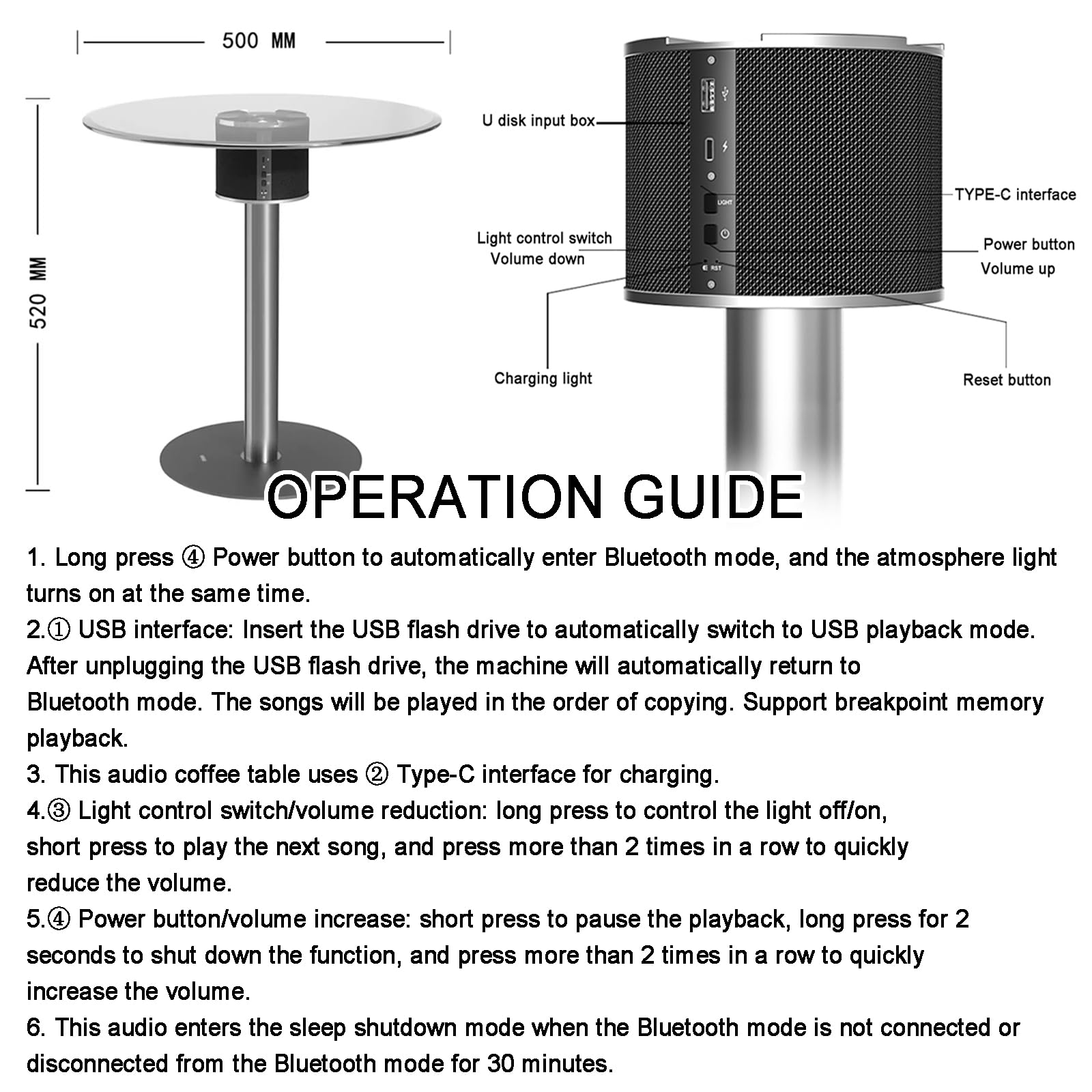 Mesa Auxiliar Inteligente con Altavoz Bluetooth HiFi, Mesa De Centro con Luz LED Ambiental, Mesa De Vidrio Templado, Conexión USB/USB, Mesa Auxiliar Redonda para Dormitorio, Sala De Estar