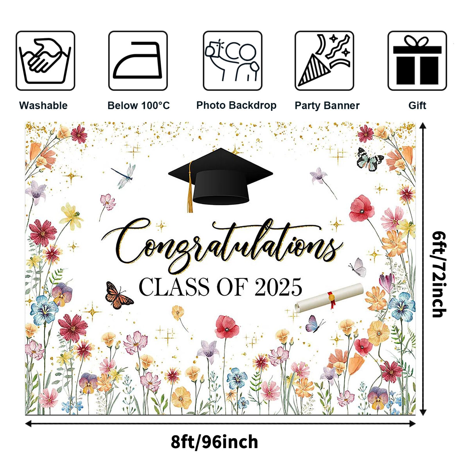 Pink Boho Floral Graduation Yard Banner - Congrats Grad Decor For Class Of 2024 Parties, 9.84x1.64 Ft