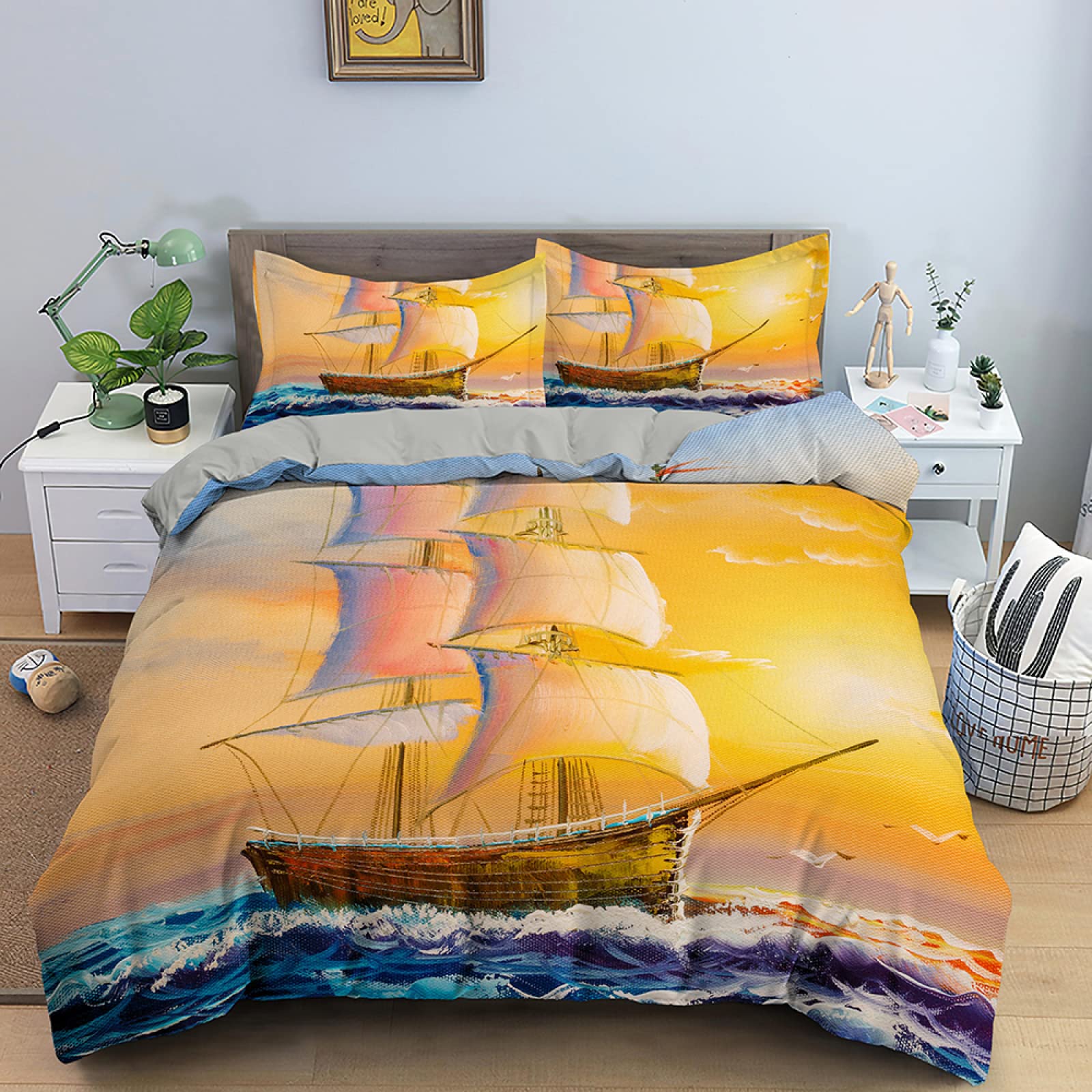 Housse couette ado enfant lit 90x190 motif bateau jaune doux