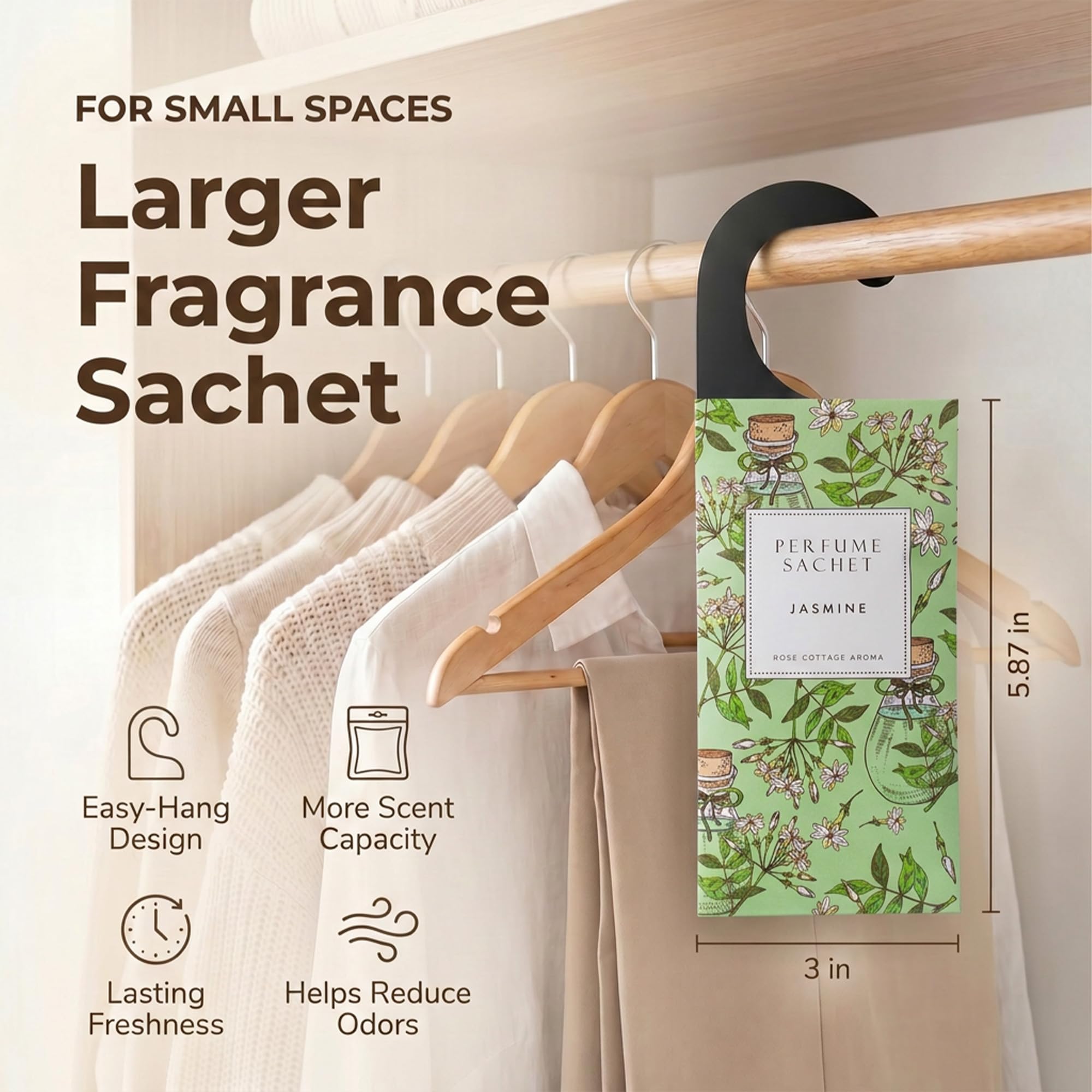 ROSE COTTAGE 12 Packungen Duftsäckchen für Schubladenerfrischer, Schrank-Lufterfrischer, Heimduft, Kommoden-Schubladen-Beutel, Schuhschrank-Deodorizer Lufterfrischer mit Aufhänger Jasmin