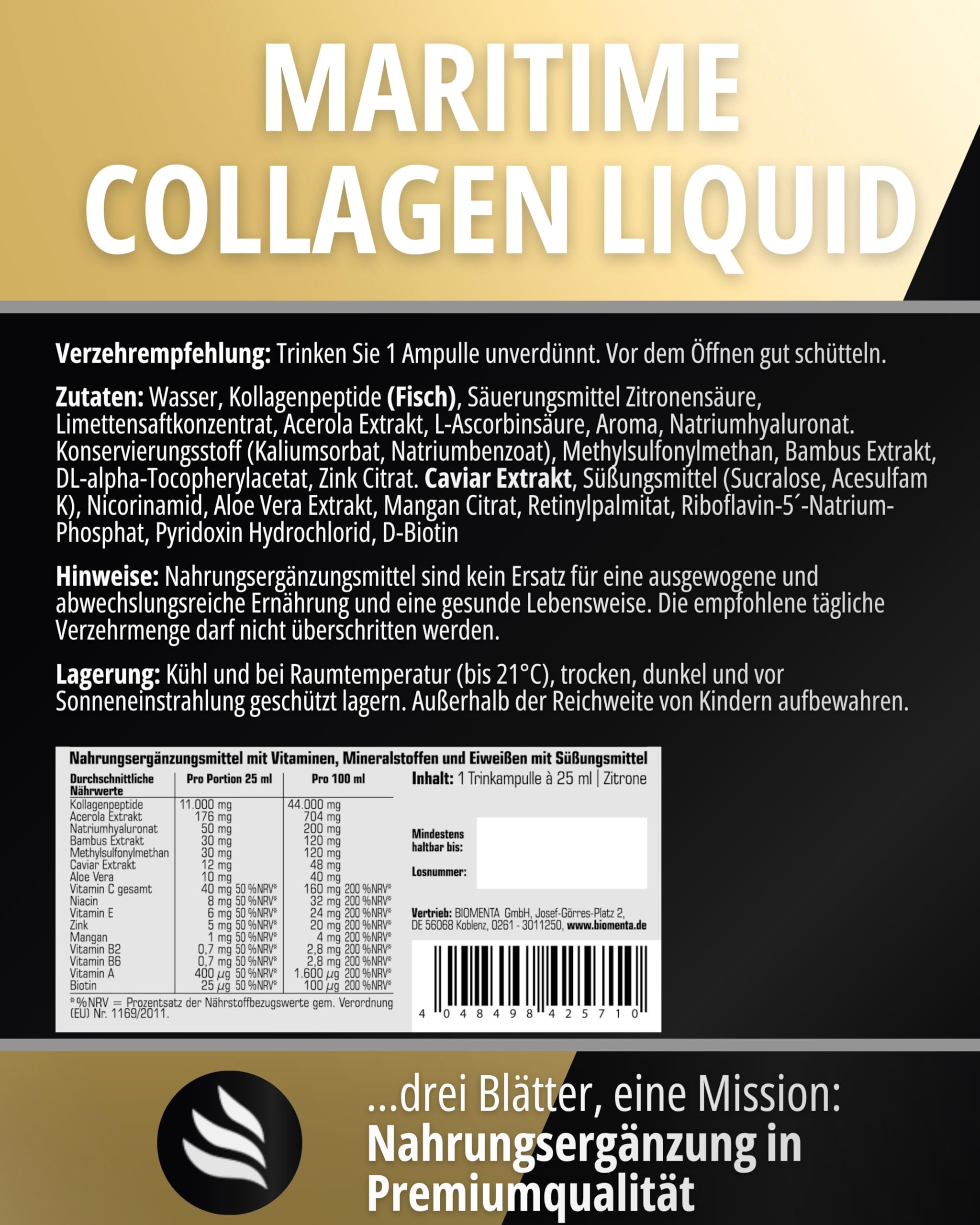 BIOMENTA Maritime Collagen Liquid I 12 Trinkampullen mit 25 ml Nährstoffkomplex pro Einheit I Hyaluron, Caviar Extrakt, Aloe Vera & 9 Vitamine I Nahrungsergänzungsmittel in laborgeprüfter Qualität