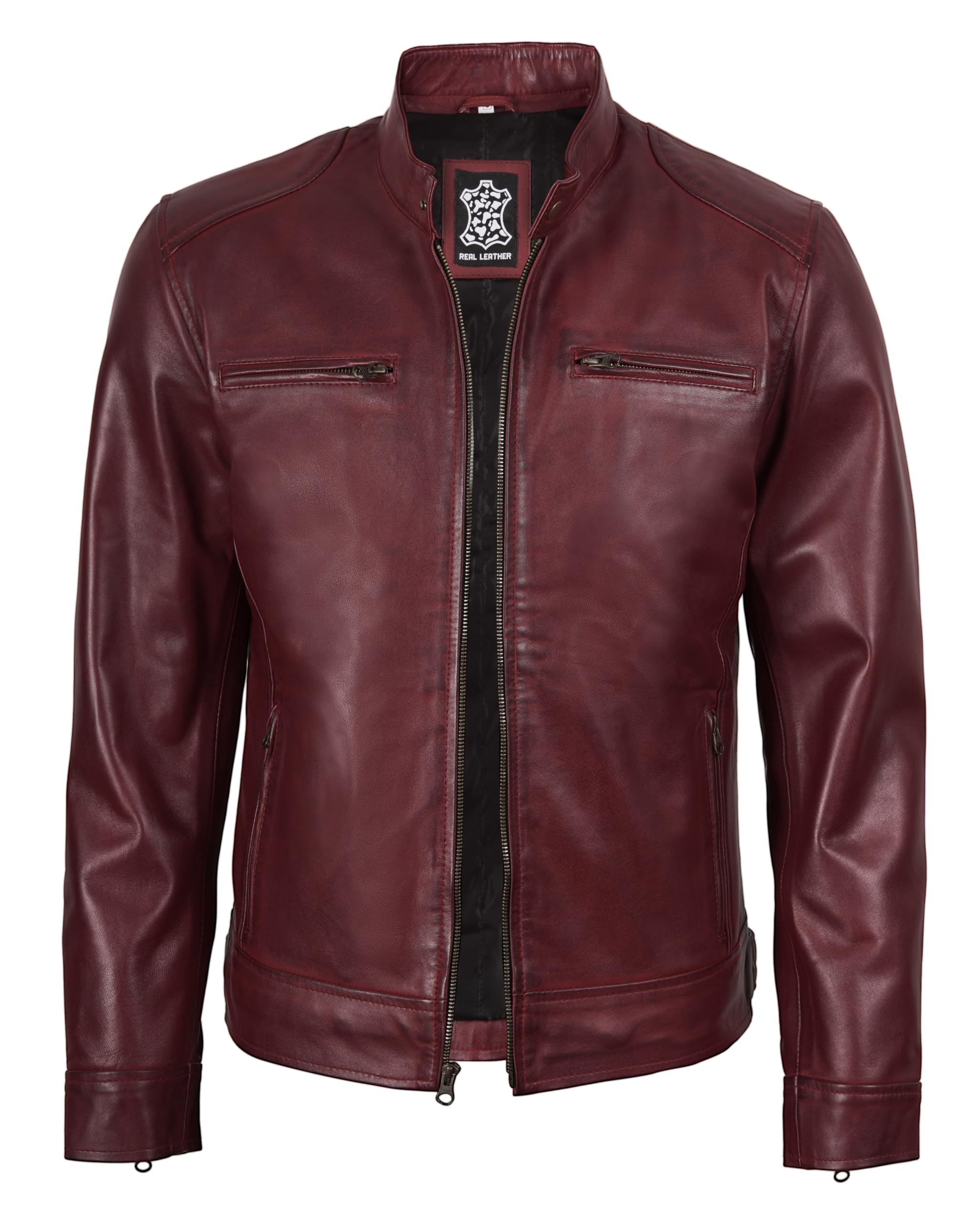 fjackets Veste en cuir d'agneau véritable avec col montant et fermeture éclair pour homme