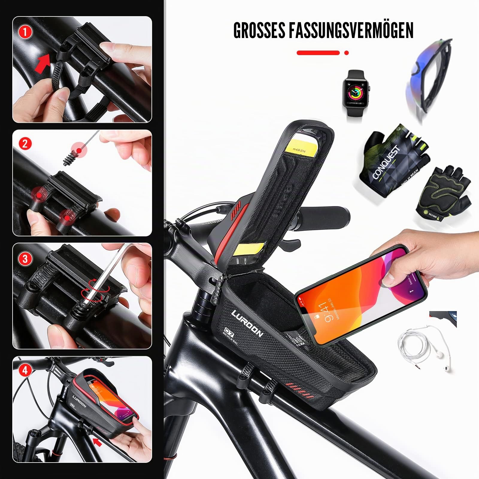 LUROON Fahrradhalterung Handy Halterung Halter Wasserdicht Fahrradlenker Tasche Fahrradtasche mit Regenhaube Fahrrad Rahmentasche Lenkertasche Handytasche für Smartphone bis zu 6.9 Zoll (Rot)
