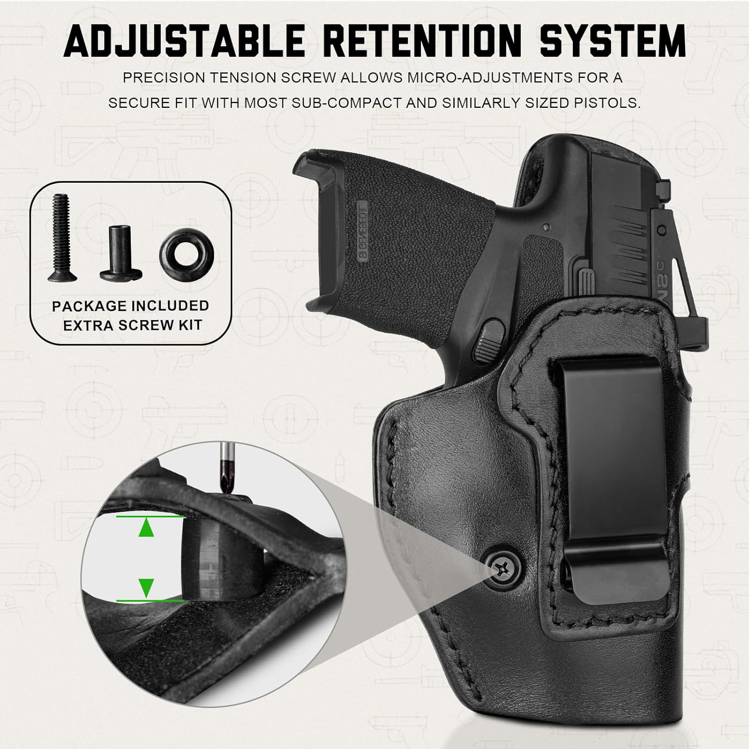 Premium Universal Leather IWB Holster for Hellcat/Pro, G43/G43X MOS, Sig P365XL/P365 X-Macro and Similar Size Subcompact Pistols, Inside Waistband Concealed Carry Holster with Optic Cut, Black Color