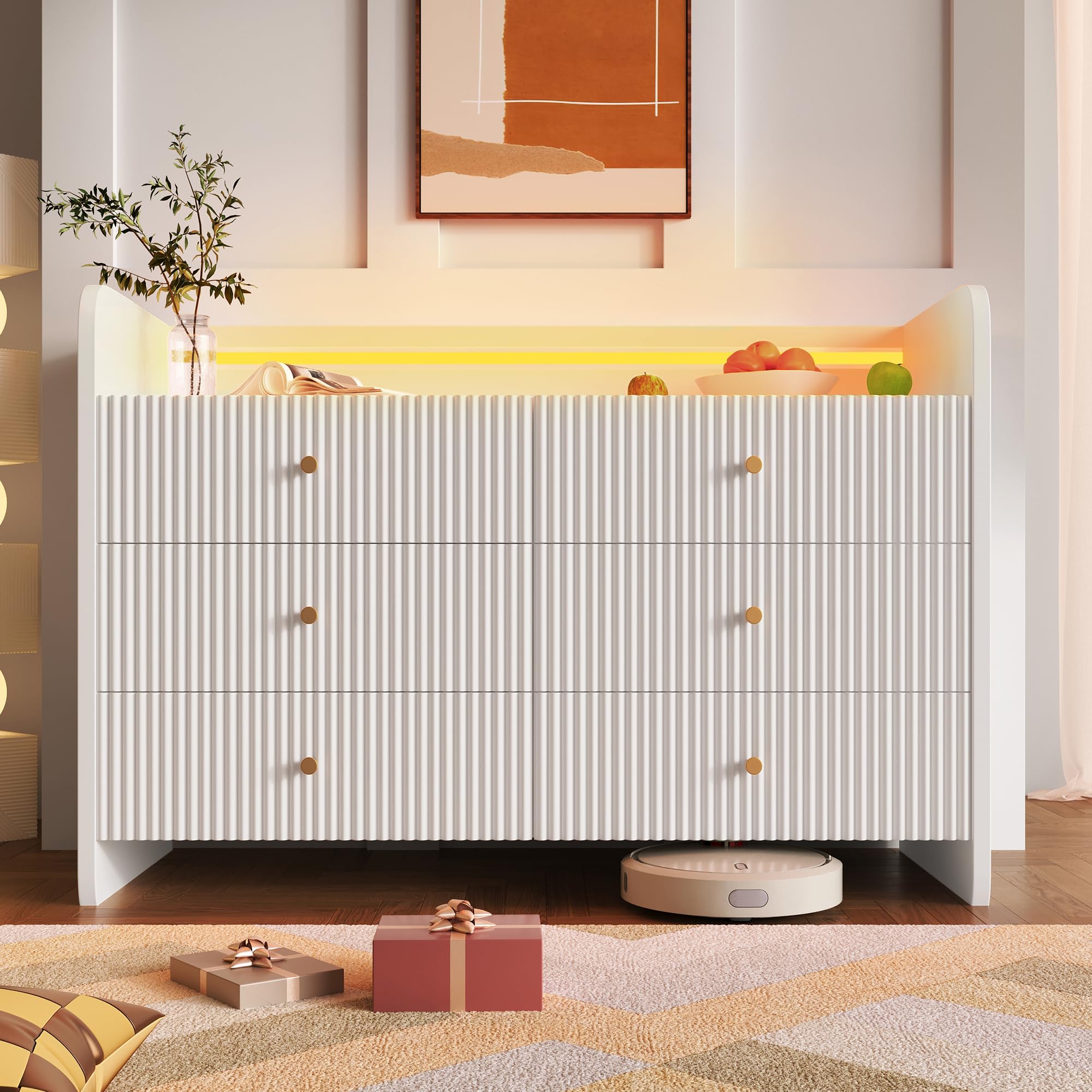 ModernLuxe 6-Drawer Sideboard with LED – Modern Storage Cabinet for Living Room, Bedroom, Dining Room & Office, White, 75x120x40 cm, with Shelves and Silent Drawer Slides — image 1