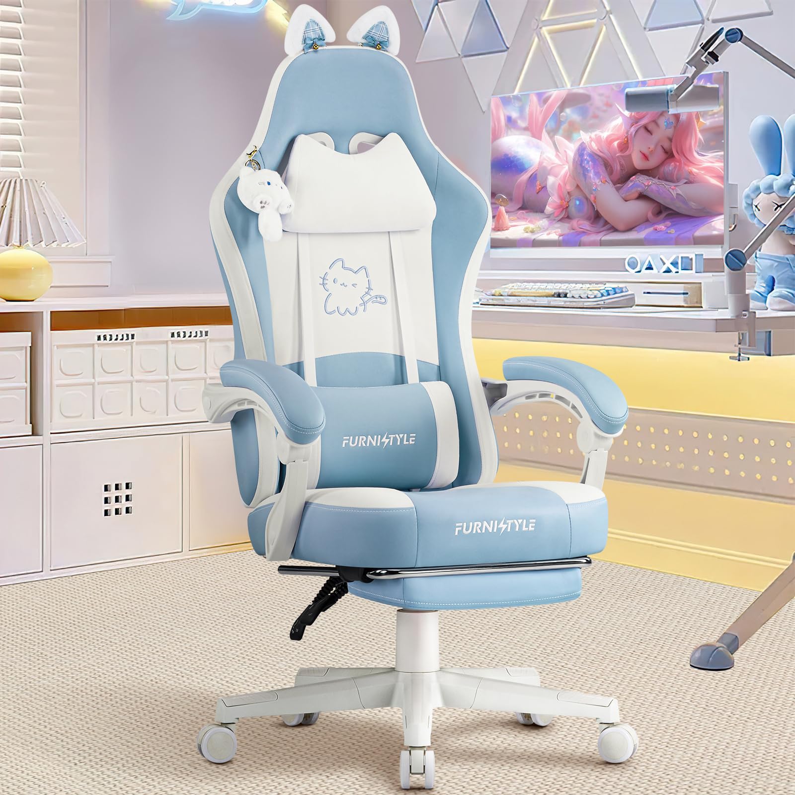 Hellove Sedia Gaming Ergonomica Cute Cat con Poggiapiedi, Poltrona Gaming Reclinabile in Pelle PU con Poggiatesta Regolabile, Supporto Lombare e Cervicale, Altezza Regolabile, Blu Bianco