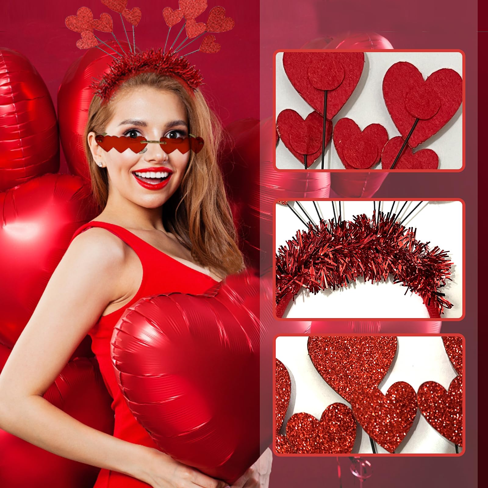 HXUING Heart Headband Glitter with Heart Shape Glasses, Heart-Shaped Headband, Heart Headband, Red Sequins, Heart Headband - Image 3