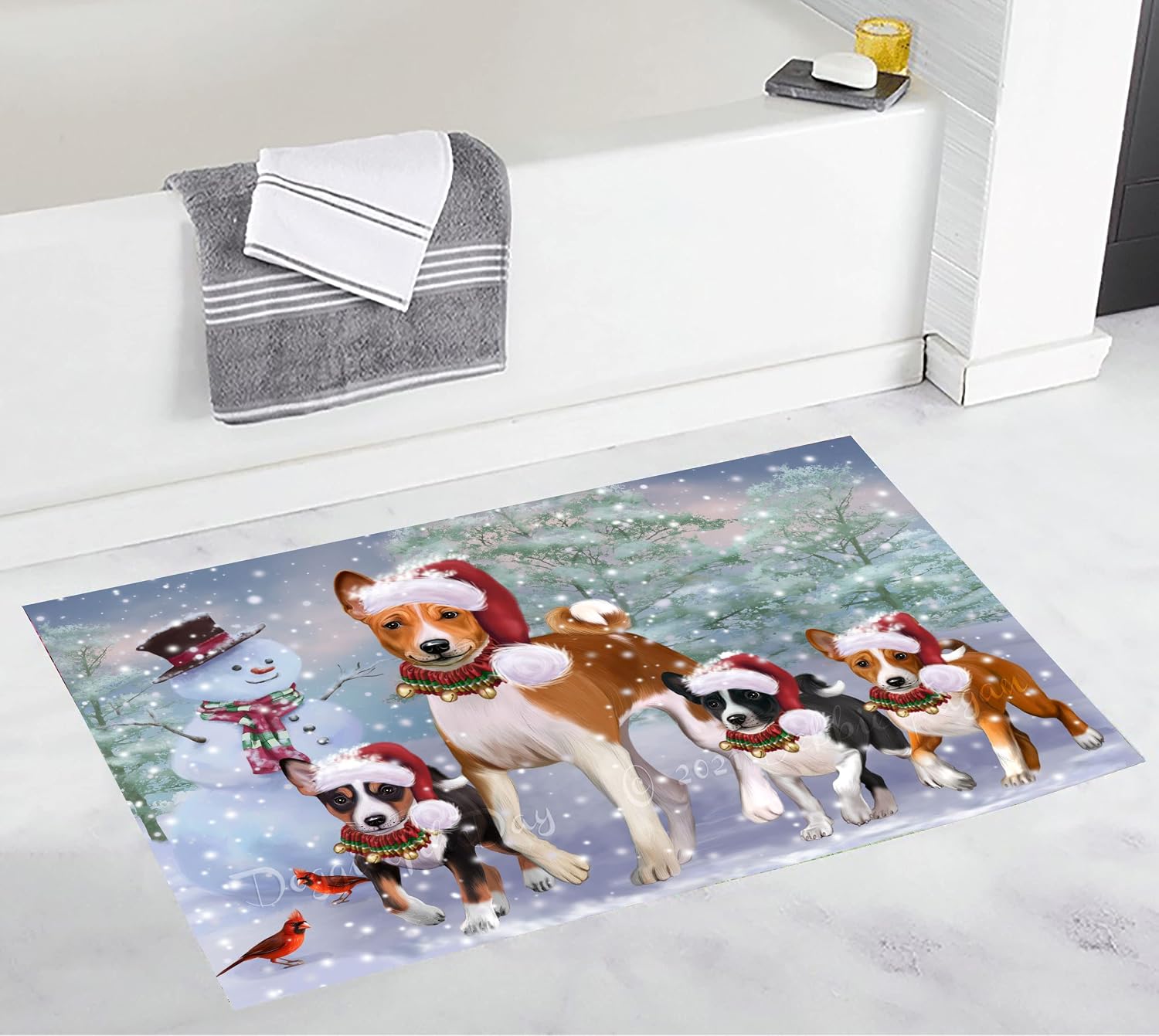 Doggie of the Day Christmas Holiday Welcome Basenji Dogs Bath Mat- Anti-Slip Pet Bath Mat - Soft Absorbent Plush Pets Portrait Unique Bathroom Rug - Washable Premium Quality Mat (16"x28")