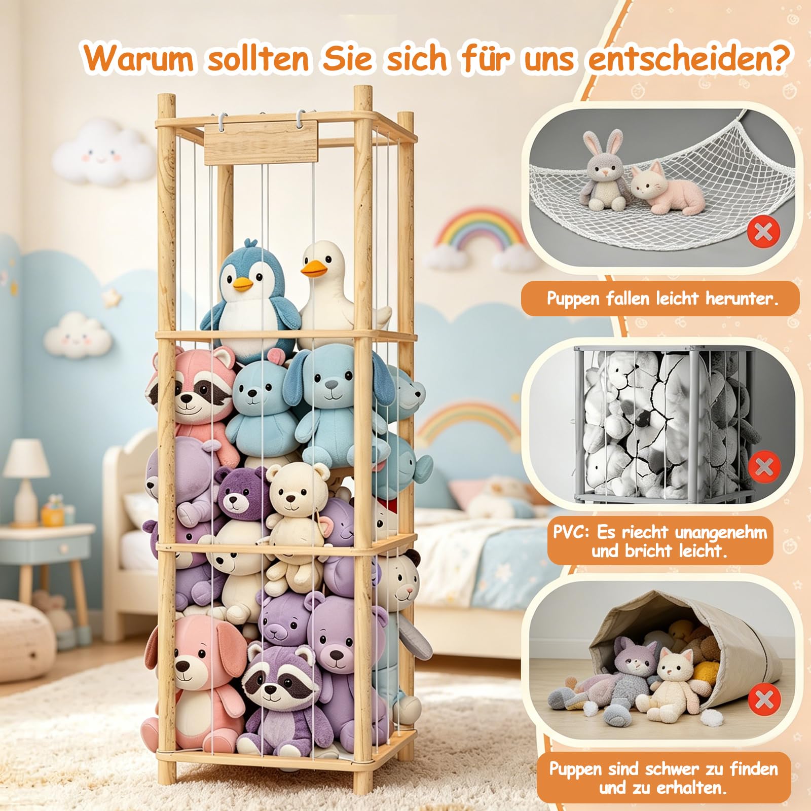 Kuscheltier Aufbewahrung aus Holz, 3-stöckig Plüschtier