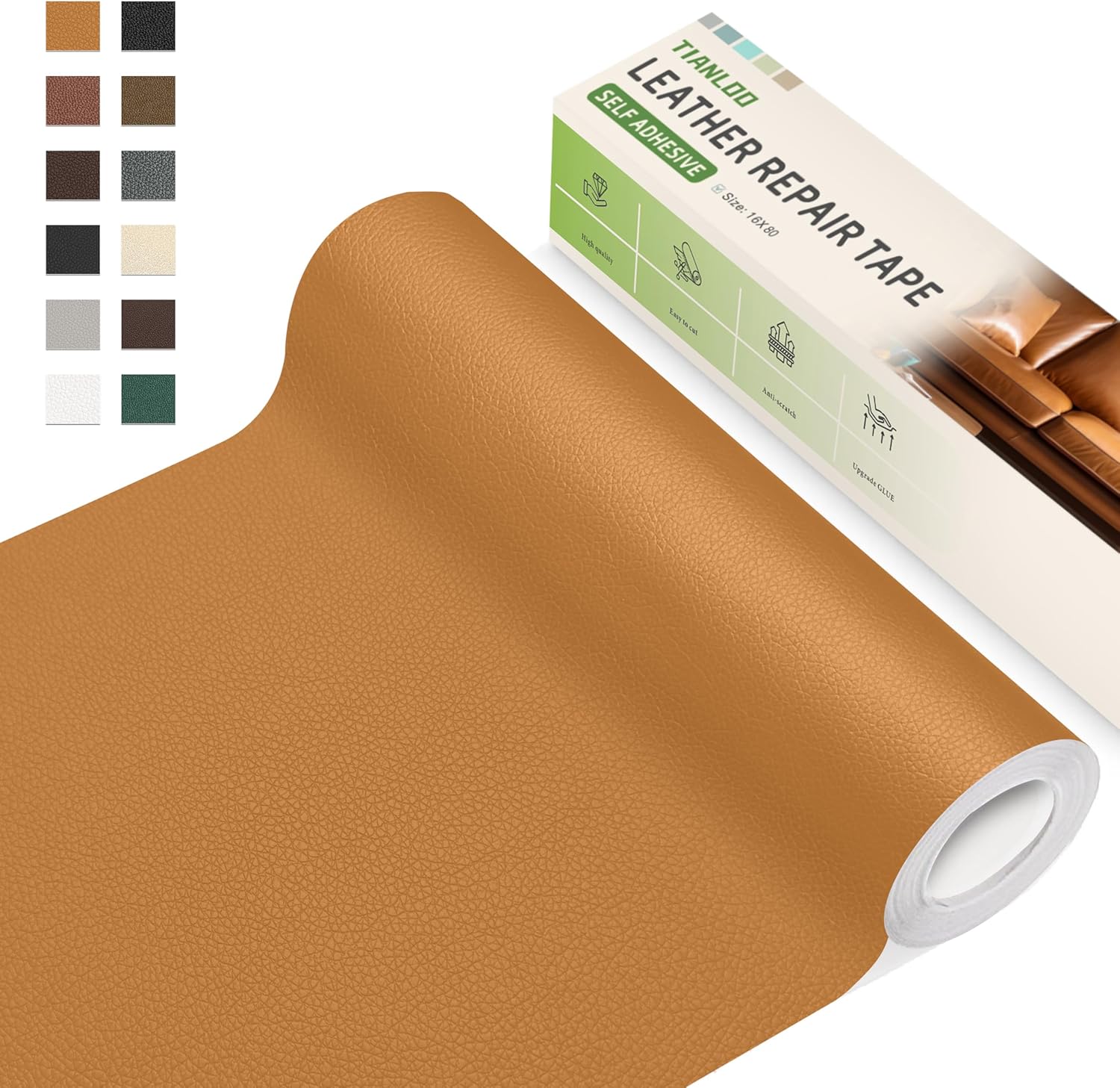 Leather Repair Tape,16 x 80 Inches Self Adhesive Leather Repair Patch?Leather Repair Kit for Furniture?Couches,Car Seats,Cabinets,Handbags(Yellowish Brown-Litchi Grain) 16" x 80" Yellowish Brown-Litchi Grain