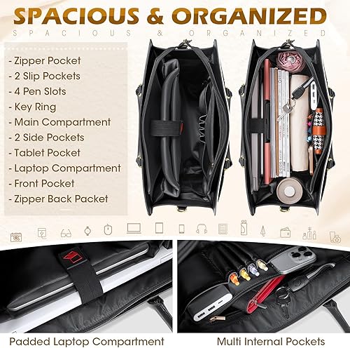 Miniatura 3 de RAINSMORE Bolsa de cuero para laptop de 15.6 pulgadas para mujer, bolsa de mano grande para computadora, impermeable, para negocios, oficina,