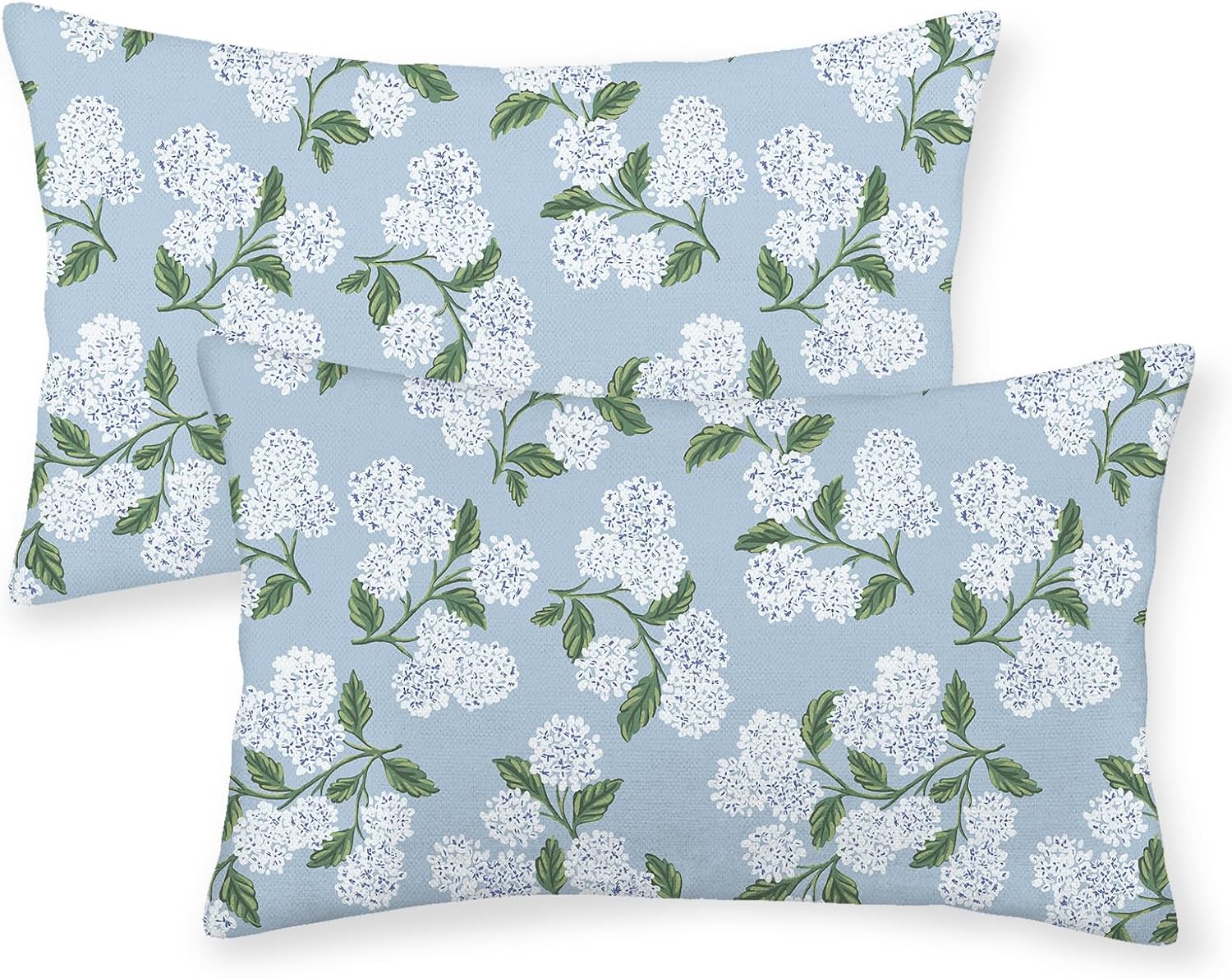 Hydrangea Floral Pillow Covers 12x20 Set of 2 Summer Baby Blue Sage Green Floral Pillow Cases Vintage Light Blue Flower Decor Outdoor Throw Pillows Linen Decorative Cushion Cases for Couch