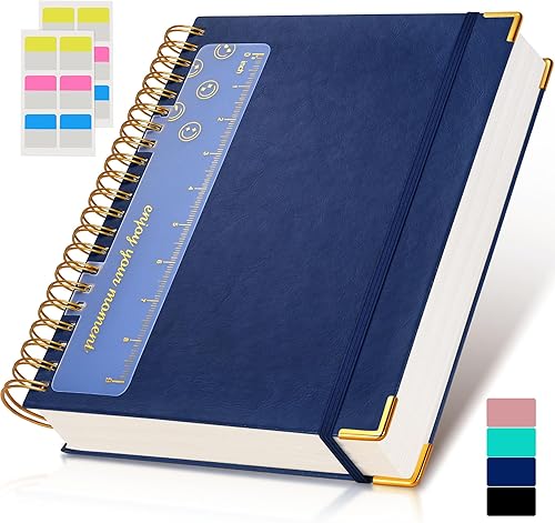 Cuaderno de espiral de 8.5 x 11 pulgadas, 300 páginas de tapa dura con forro de cuero para mujeres y hombres, cuadernos A4 grandes a rayas