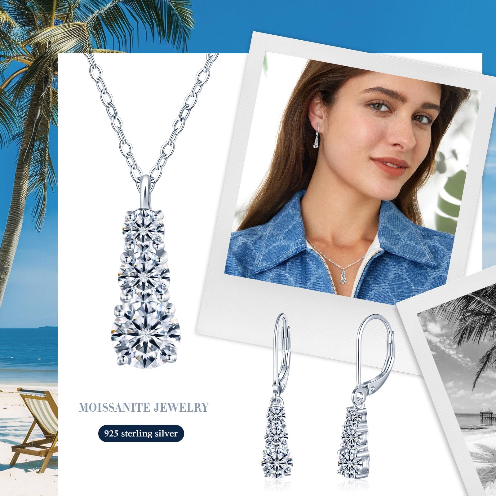 Drei Moissanite Anhänger Tropfen Ohrringe und Halskette Set 925 Sterling Silber Damen Schmuckset, VVS1 D Farbe 1.8 Karat Silber Schmuck für Frauen Freundin Mama