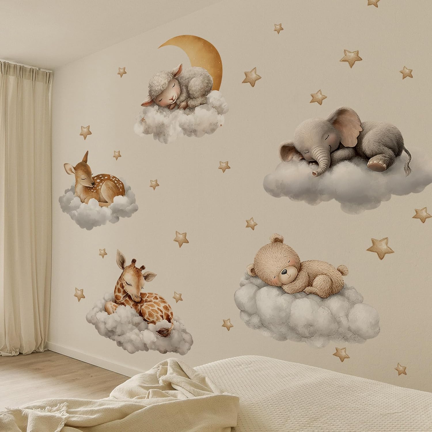 Sleeping Animals Wall Decals,Dreamy Clouds & Star Theme Art Wall Sticker Decors,Peel and Stick Elephants, Bears, Deer Decals for Kids Bedroom Nursery Playroom Library Living Room and Bedroom Decor