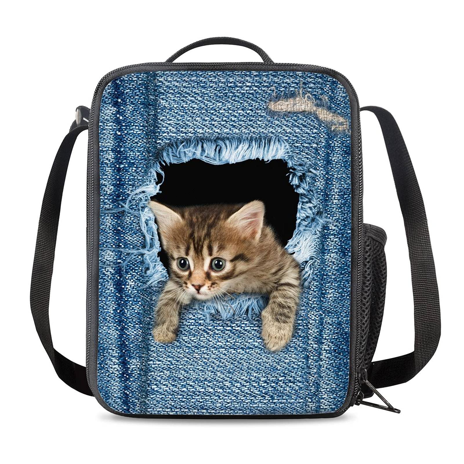 NETILGEN Denim Cat Tote Lunch Bags with Adjust Shoulder Strap Insulated Lunch Box with One Water Bottle Mesh Pocket for Women Family Teen Girls Work Picnic Hiking Fishing