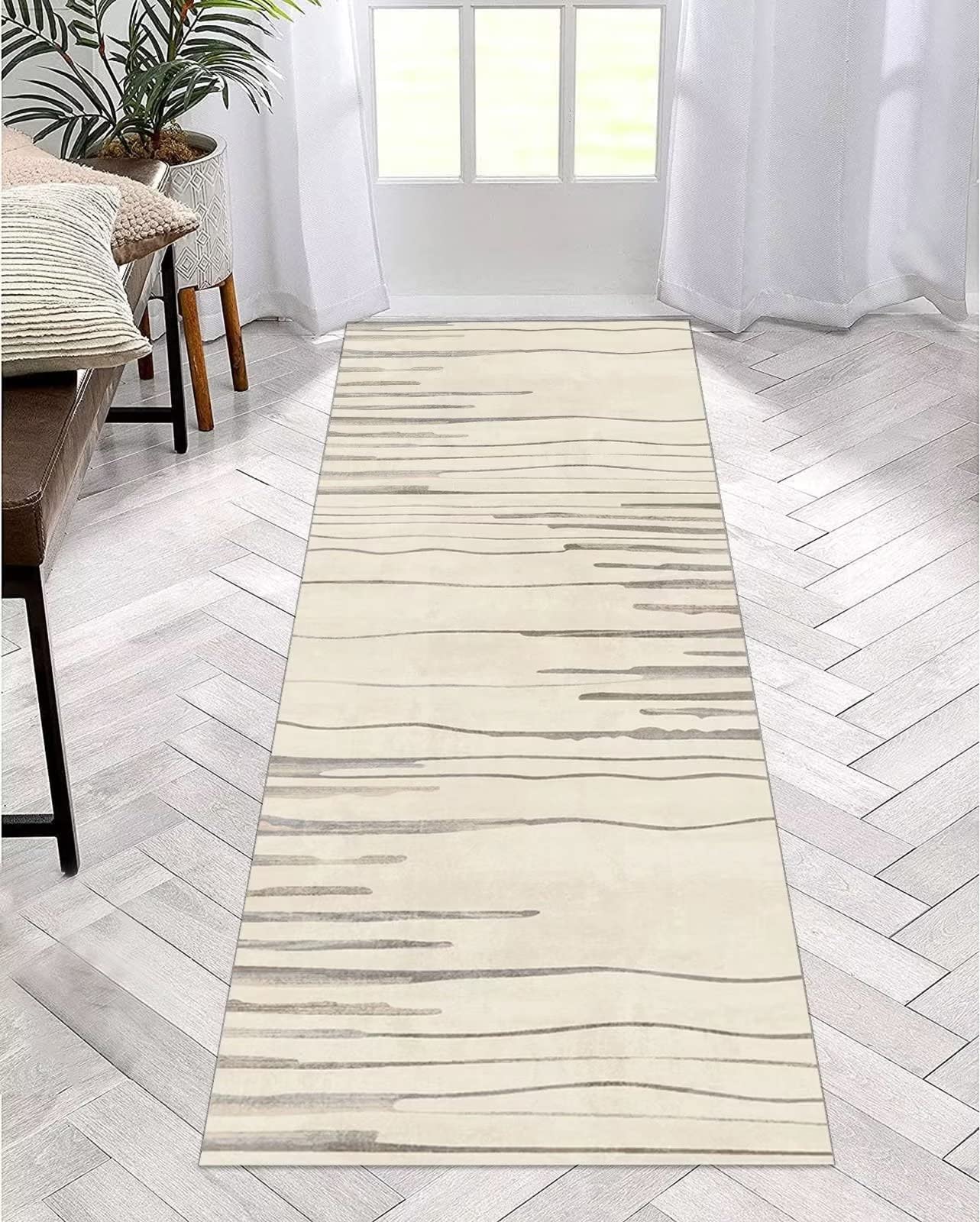 Tapis de couloir antidérapant beige 70x250 cm lavable et moderne