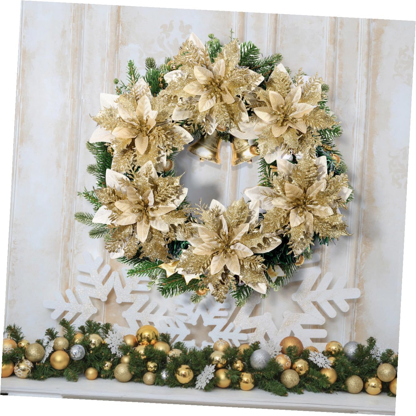 NUOBESTY Artificial Poinsettia Christmas Flowers, Gold Artificial Glitter Poinsettia Flowers Christmas Tree for s Wedding Party Wreath with Stems and Clips 12pcs